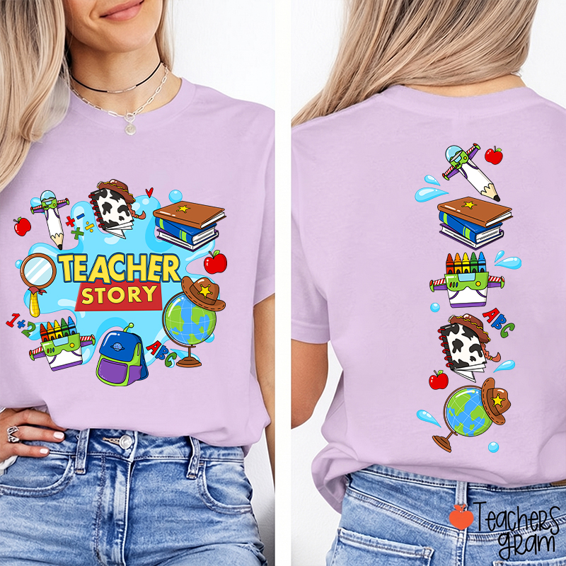 Teacher Story Cute School Stuff Icons Teacher Two Sided T-Shirt
