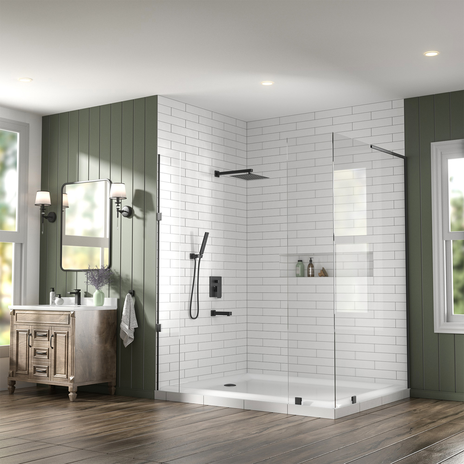 3-Setting Square Rainfall Shower System Including Rain Shower Head Handheld Spray and Tub Spout, Shower Valve Trim Kit, Matte Black, SF103-MB-T, Lava Odoro