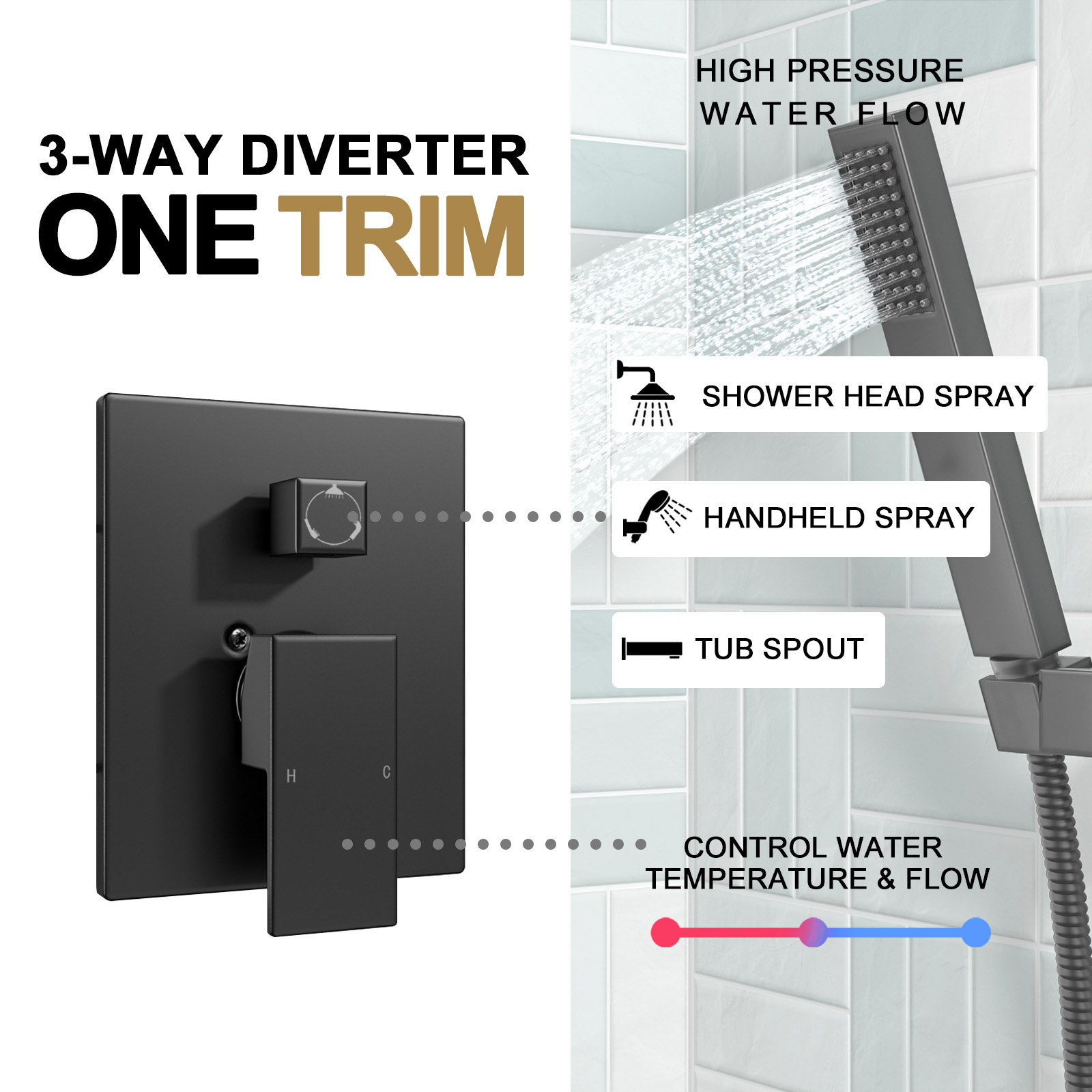 3-Setting Square Rainfall Shower System Including Rain Shower Head Handheld Spray and Tub Spout, Shower Valve Trim Kit, Matte Black, SF103-MB-T, Lava Odoro