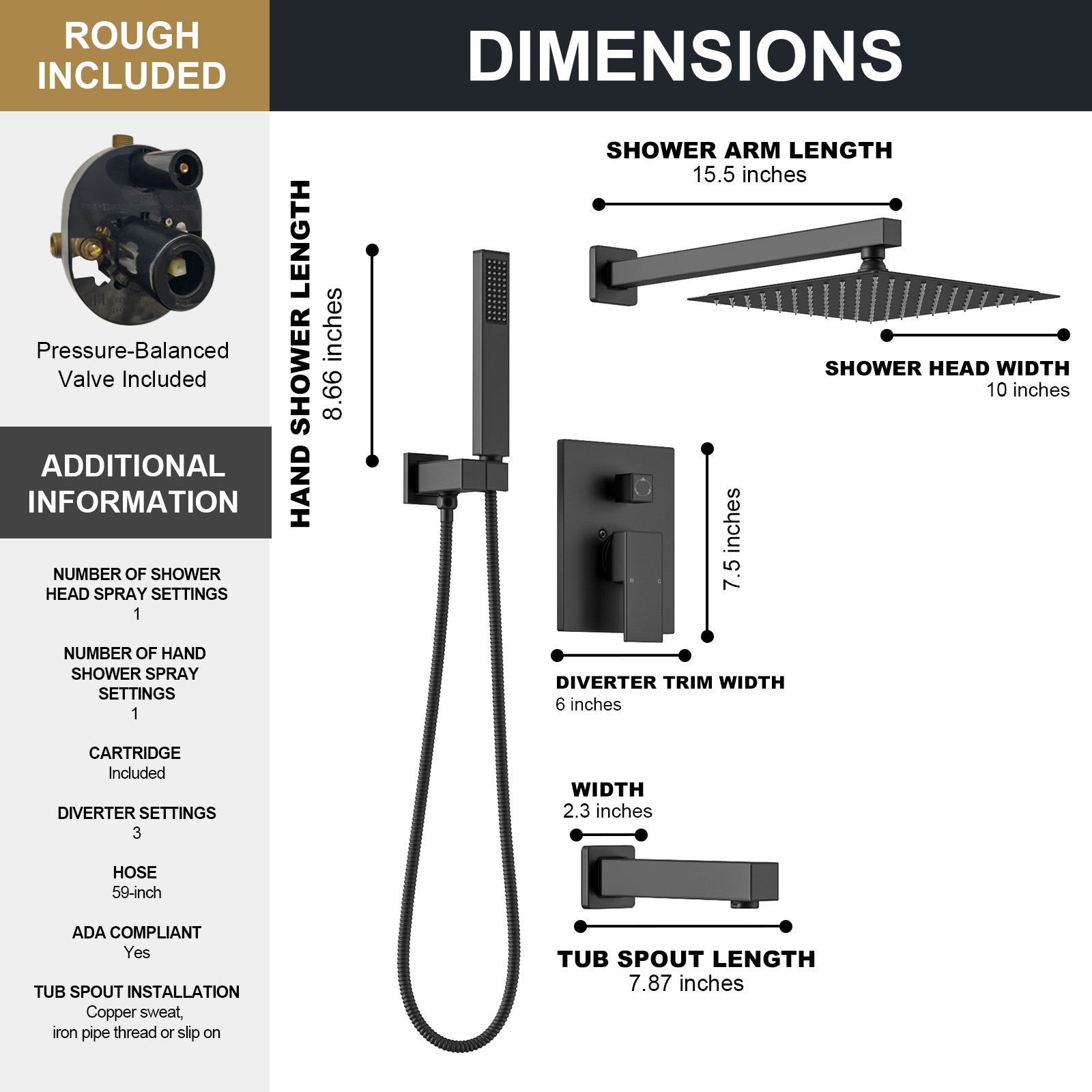 3-Setting Square Rainfall Shower System Including Rain Shower Head Handheld Spray and Tub Spout, Shower Valve Trim Kit, Matte Black, SF103-MB-T, Lava Odoro
