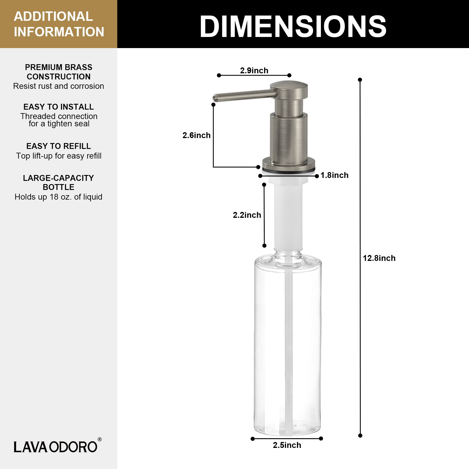 Soap Dispenser for Kitchen Sink, Brushed Nickel, 18 Oz. - Lava Odoro