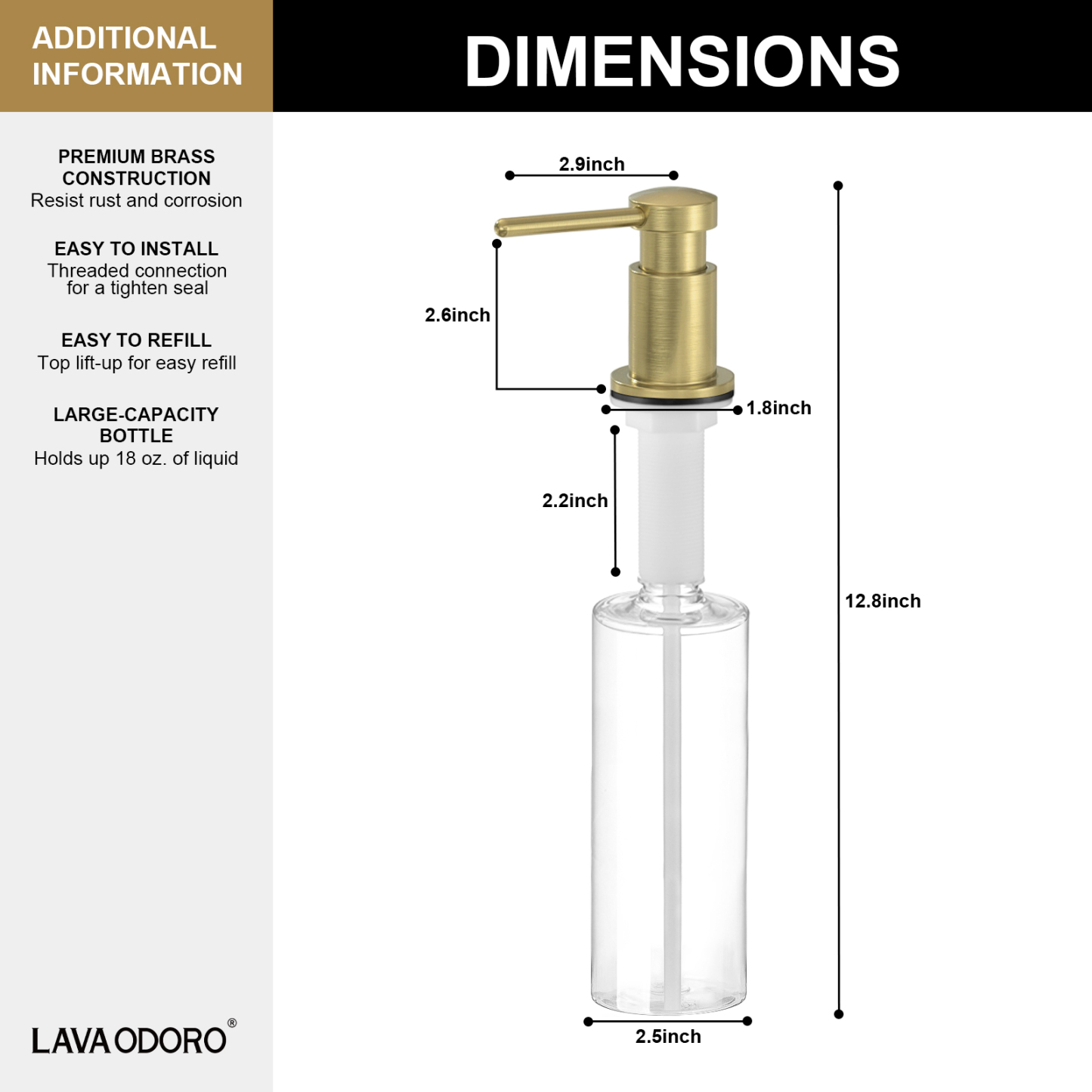 Soap Dispenser for Kitchen Sink, Brushed Gold, 18 Oz. - Lava Odoro