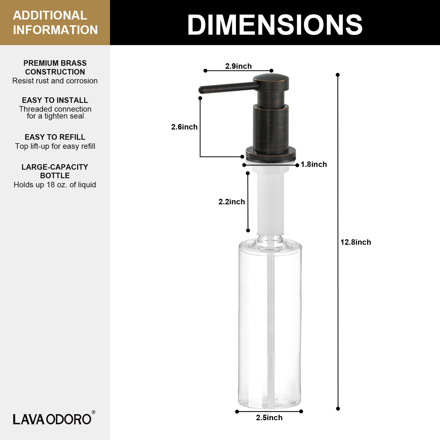 Soap Dispenser for Kitchen Sink, Oil Rubbed Bronze, 18 Oz. Lava Odoro