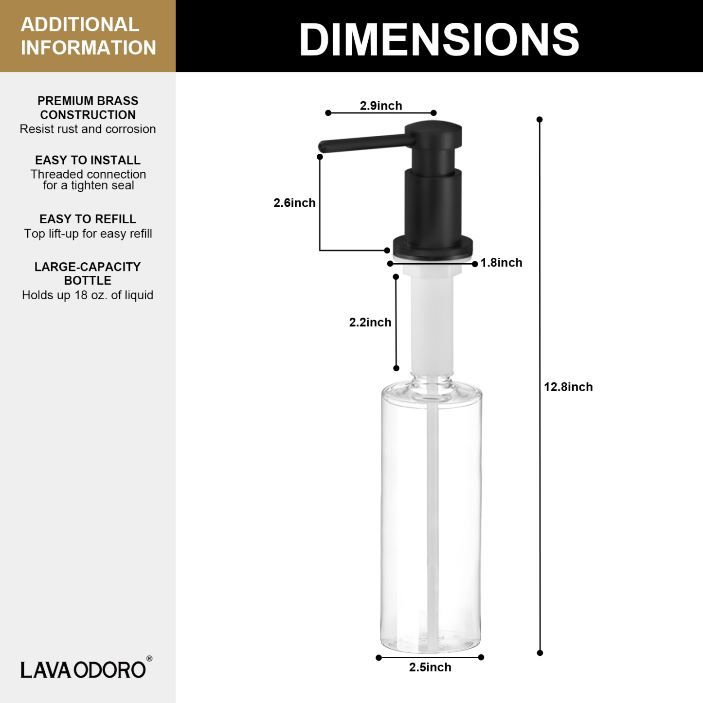 Soap Dispenser for Kitchen Sink, Matte Black, 18 Oz. - Lava Odoro