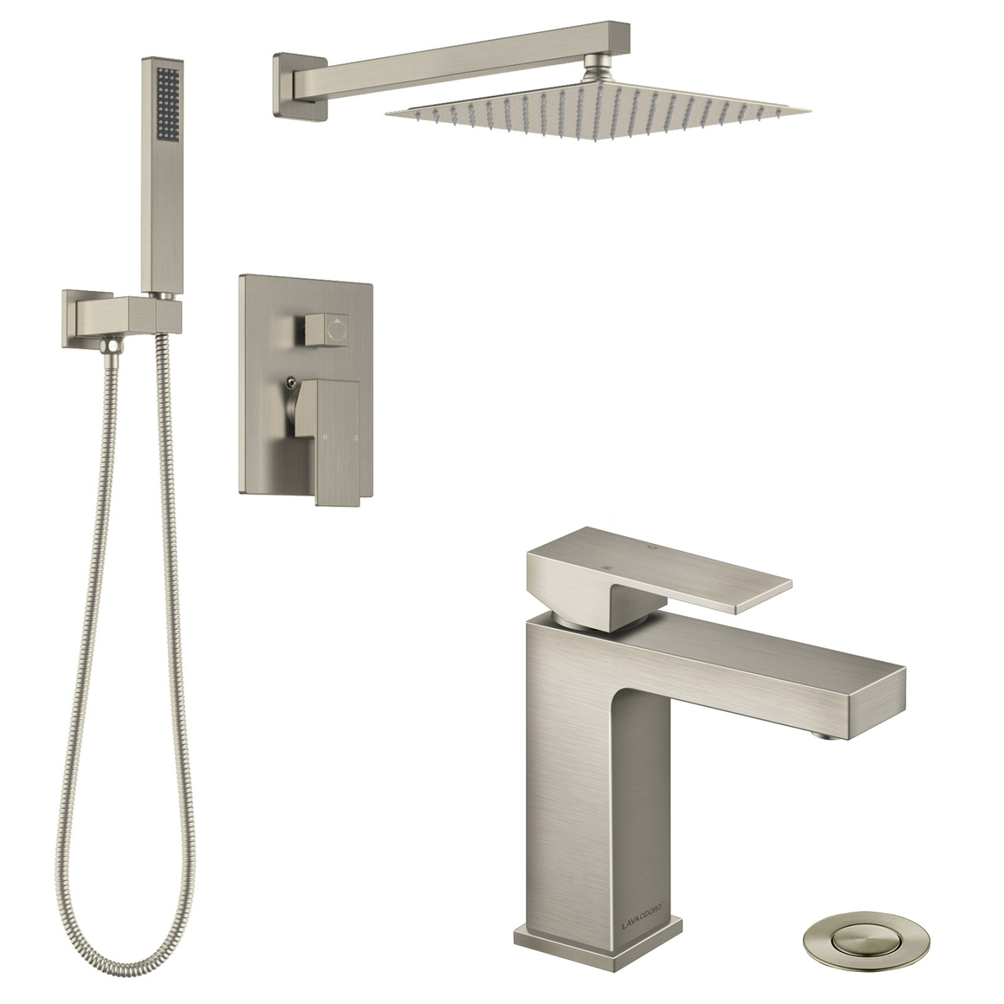 Shower System with Rain Shower Head Handheld Spray and Bathroom Faucet, Brushed Nickel, Lava Odoro