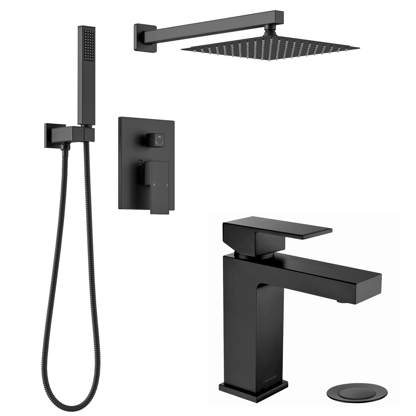 Shower System with Rain Shower Head Handheld Spray and Bathroom Faucet, Matte Black, Lava Odoro