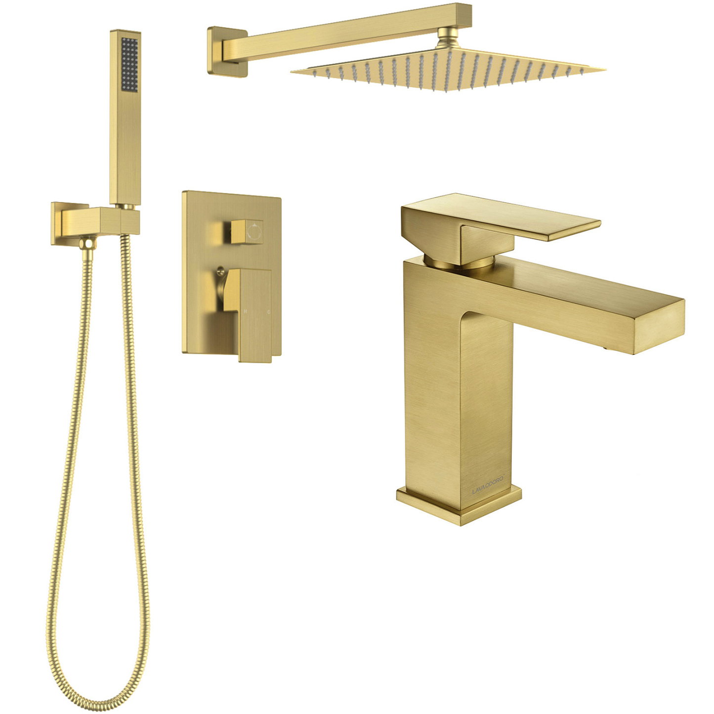 Shower System with Rain Shower Head Handheld Spray and Bathroom Faucet, Brushed Gold, Lava Odoro
