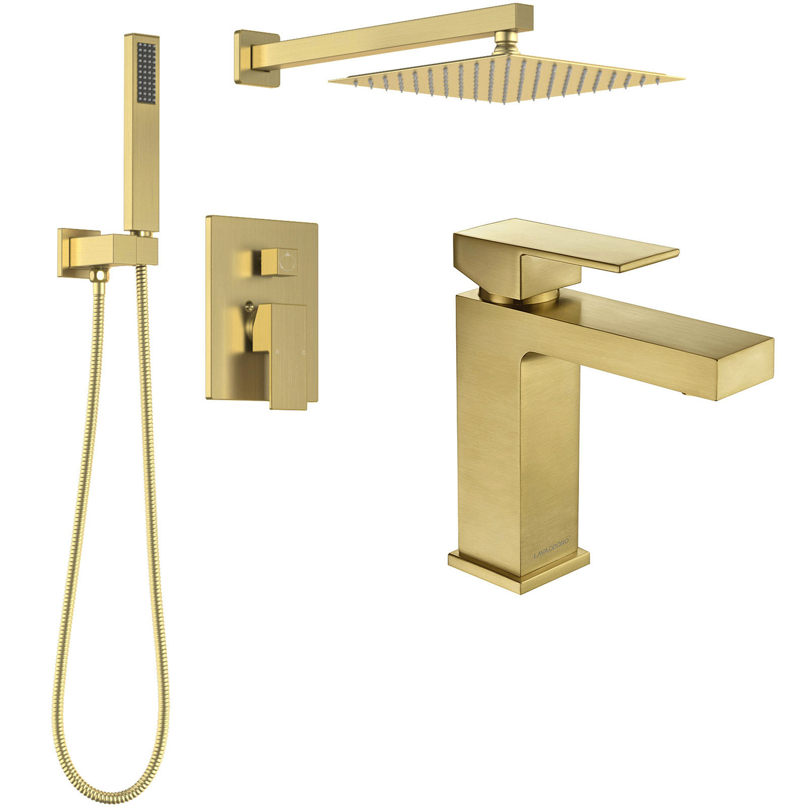 Shower System with Rain Shower Head Handheld Spray and Bathroom Faucet, Brushed Gold, Lava Odoro