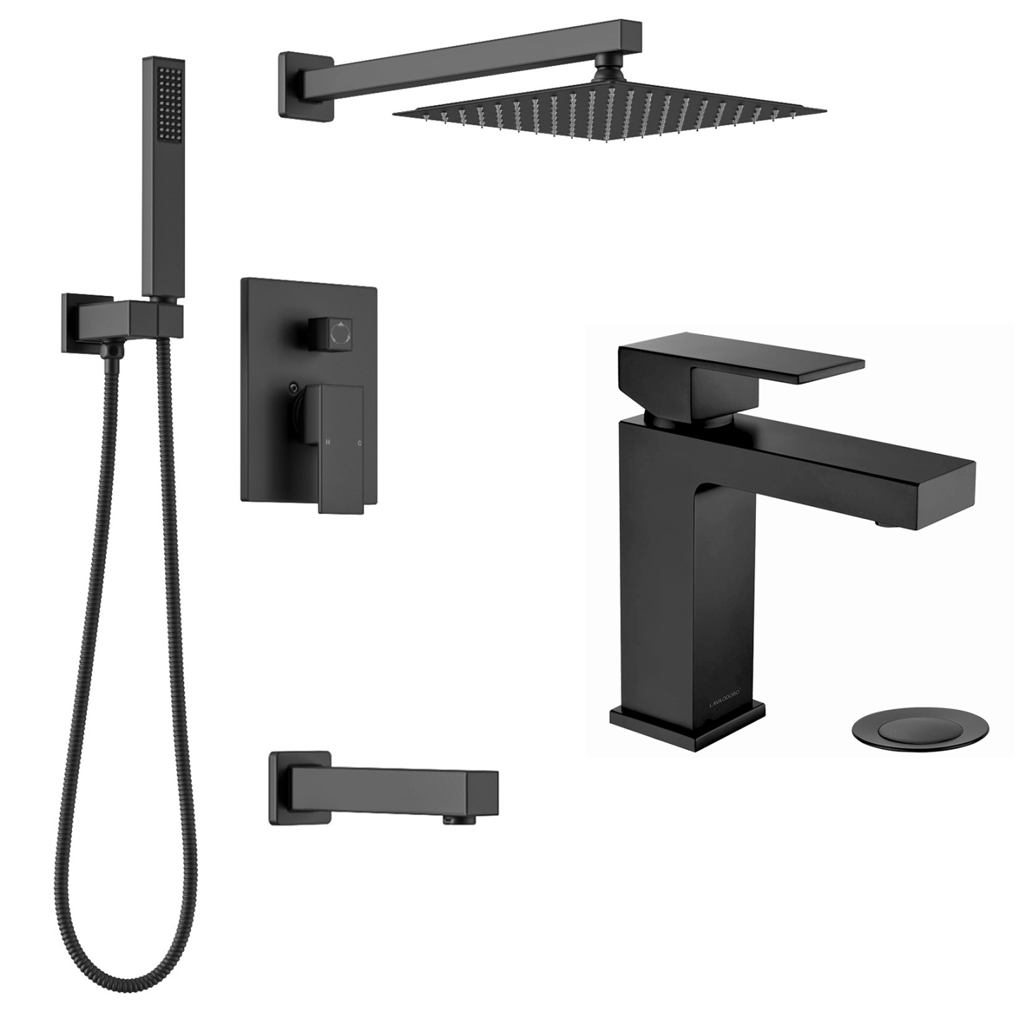 Shower and Tub Faucet Set with Shower Head Handheld Spray and Bathroom Faucet, Matte Black, Lava Odoro