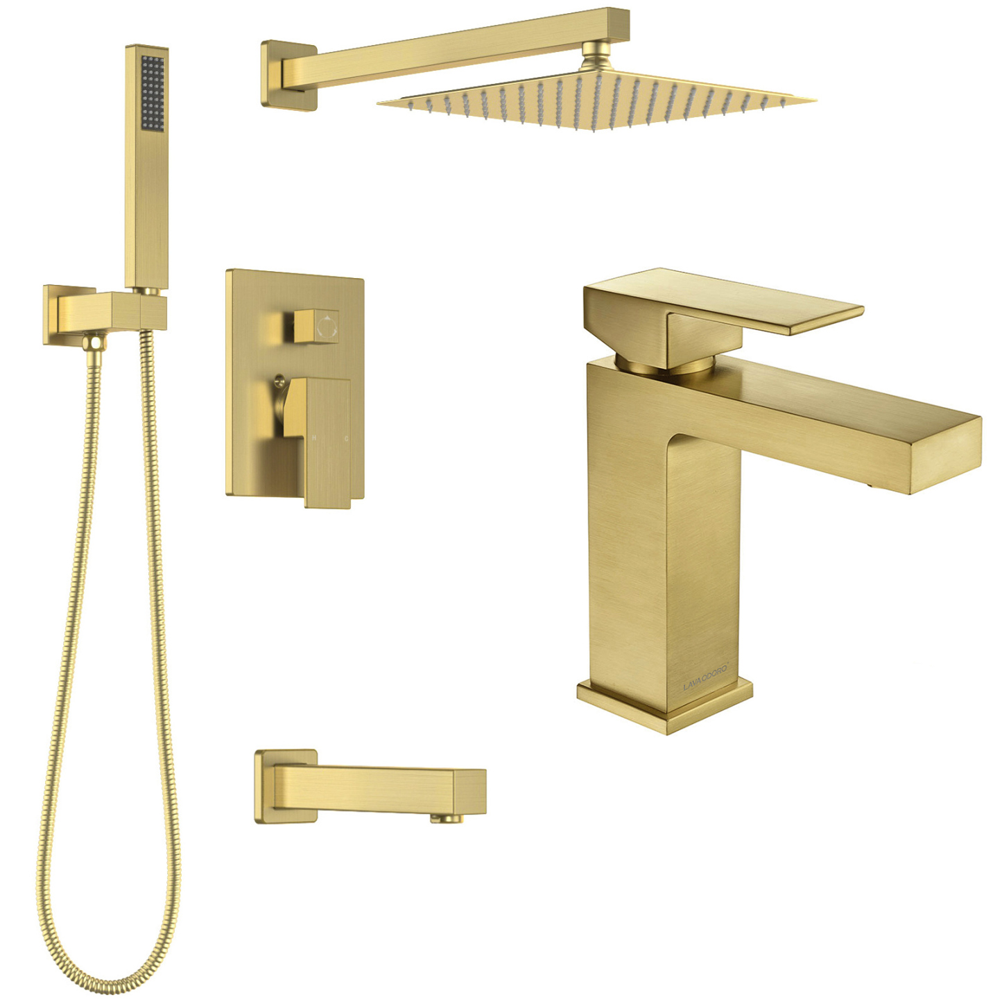 Shower and Tub Faucet Set with Shower Head Handheld Spray and Bathroom Faucet, Brushed Gold, Lava Odoro