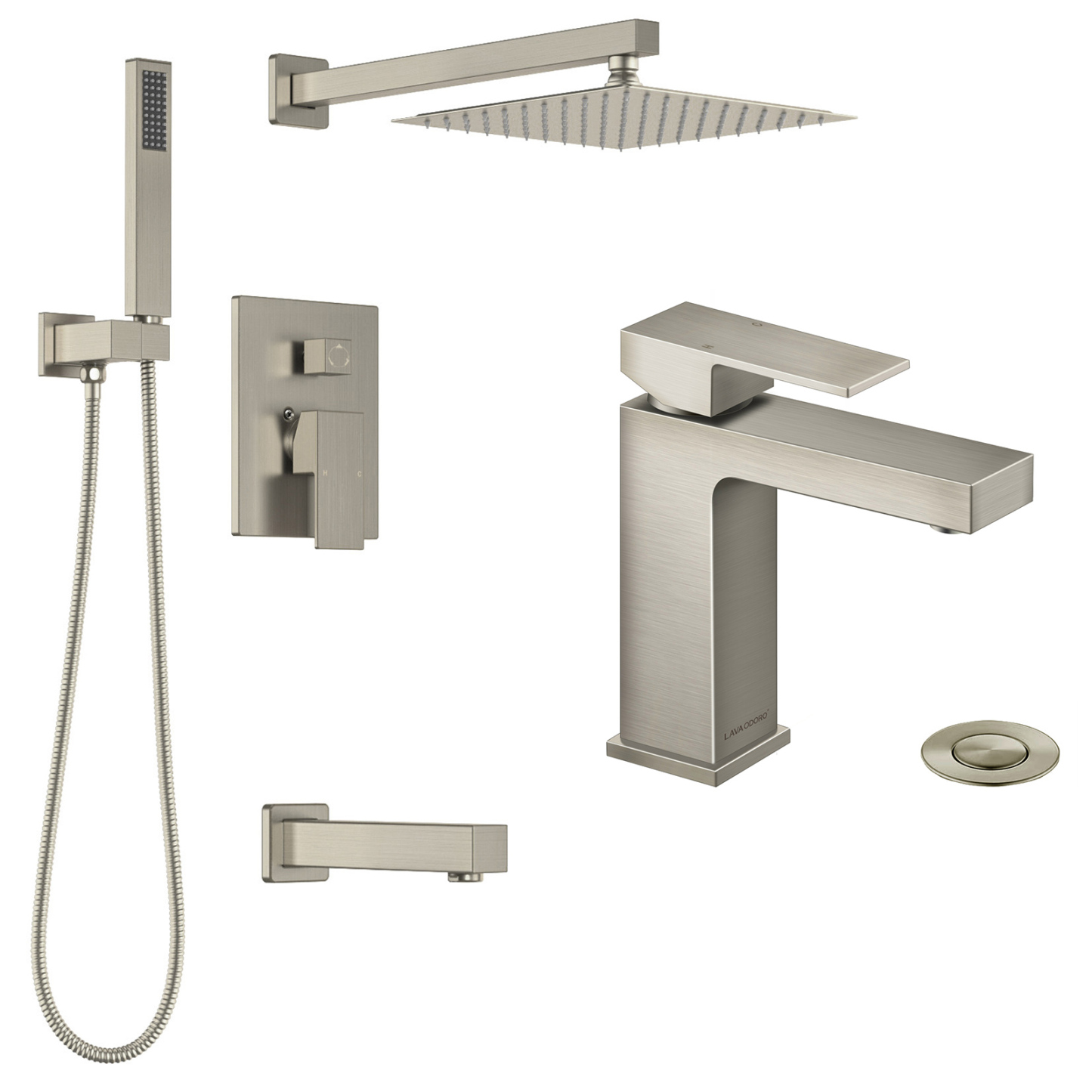 Shower and Tub Faucet Set with Shower Head Handheld Spray and Bathroom Faucet, Brushed Nickel, Lava Odoro