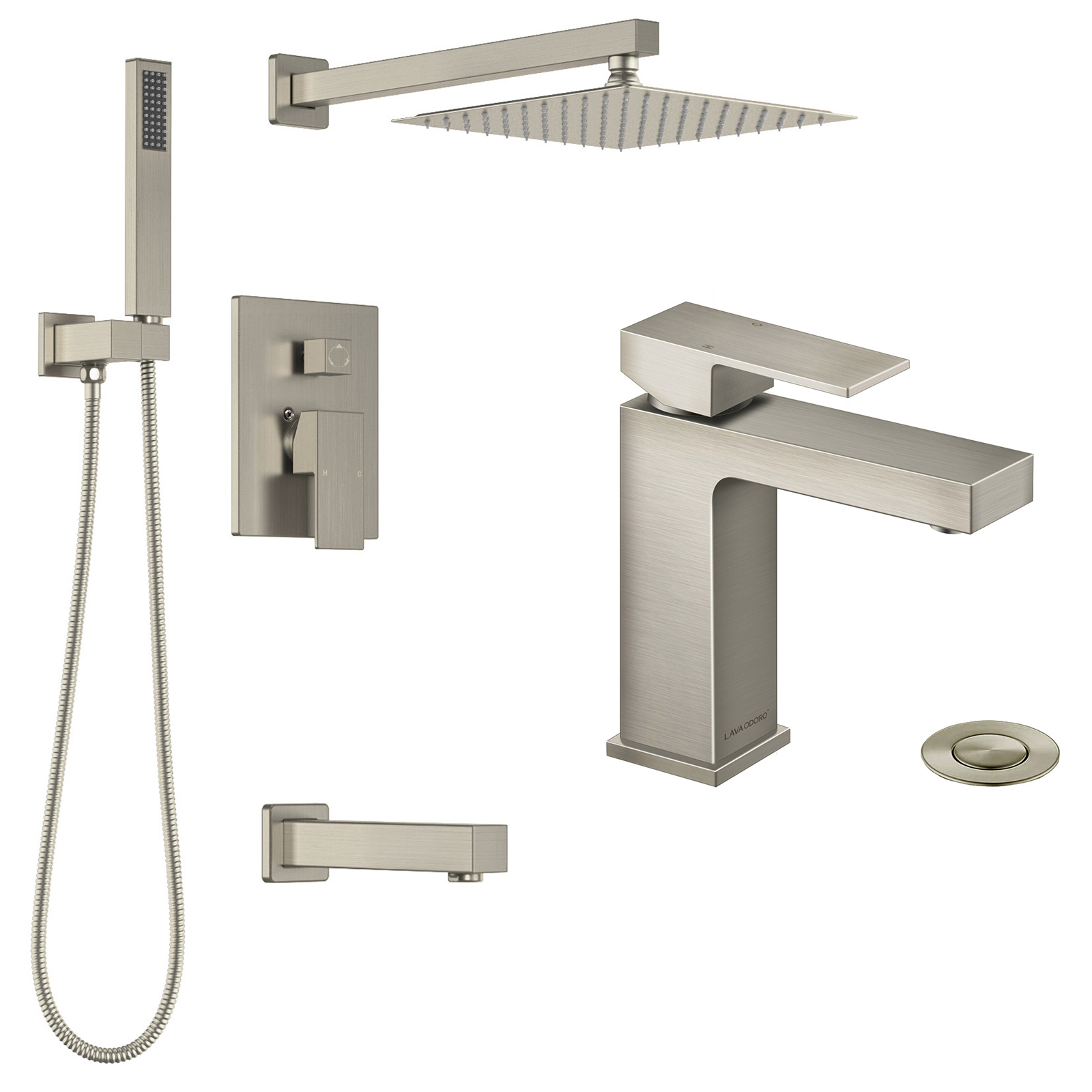 Shower and Tub Faucet Set with Shower Head Handheld Spray and Bathroom Faucet, Brushed Nickel, Lava Odoro