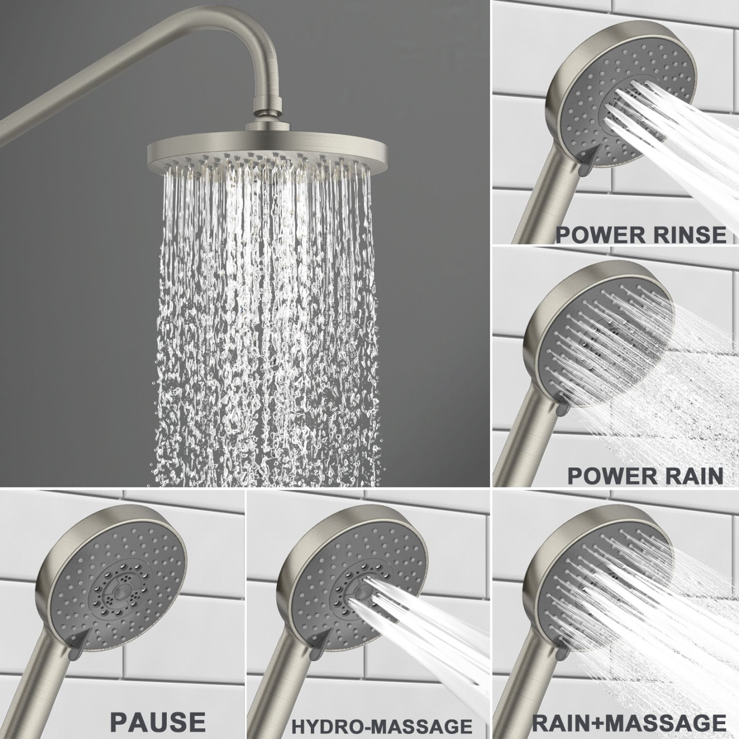 16.5-inch 5-Function Retrofit Shower System with Rain Showerhead, Brushed Nickel, SF101-BN, Lava Odoro