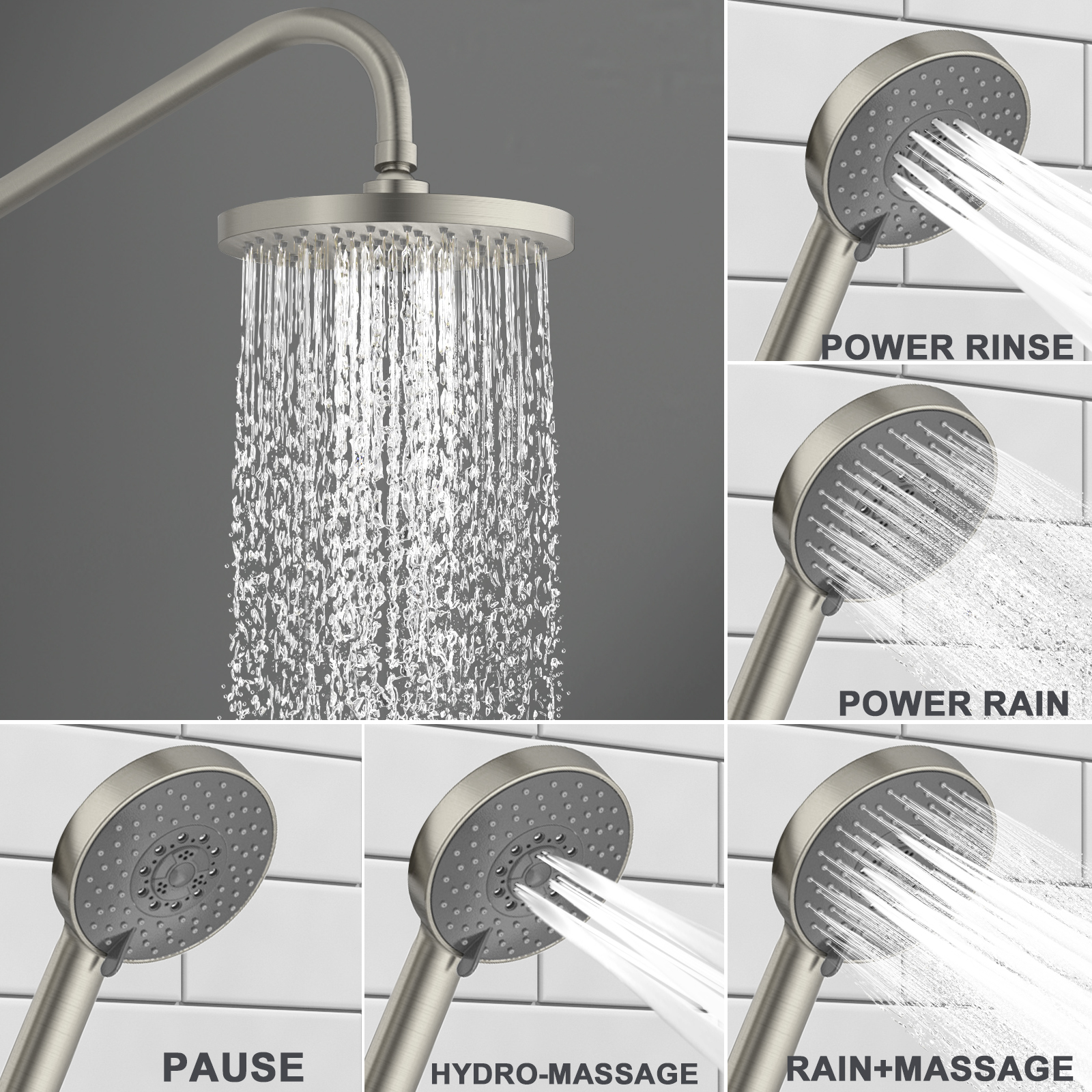 16.5-inch 5-Function Retrofit Shower System with Rain Showerhead, Brushed Nickel, SF101-BN, Lava Odoro