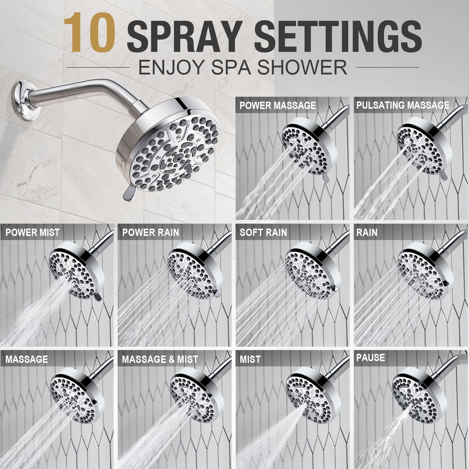 10-Setting Rain Shower Head with High Pressure Spray, SH803