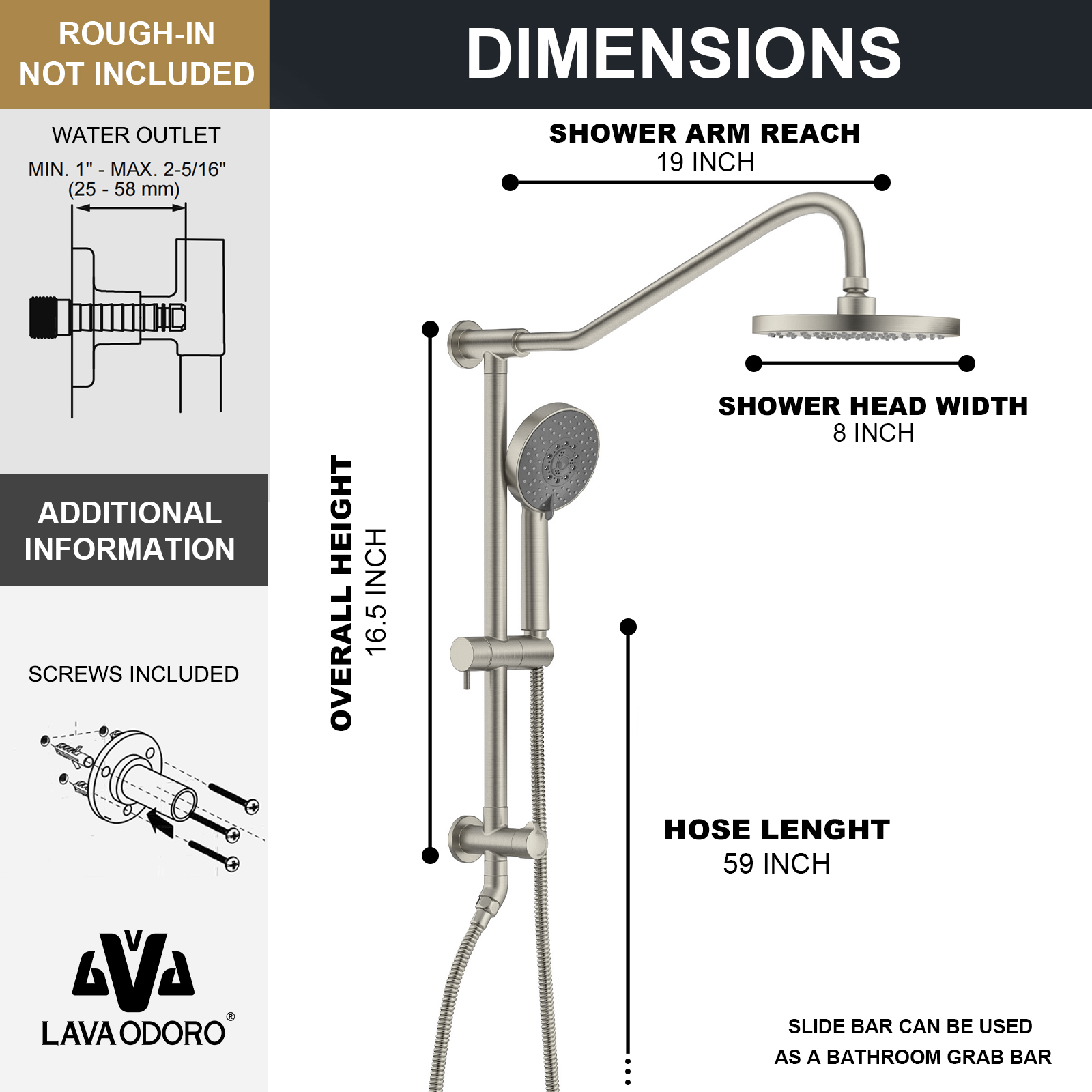 16.5-inch 5-Function Retrofit Shower System with Rain Showerhead, Brushed Nickel, SF101-BN, Lava Odoro