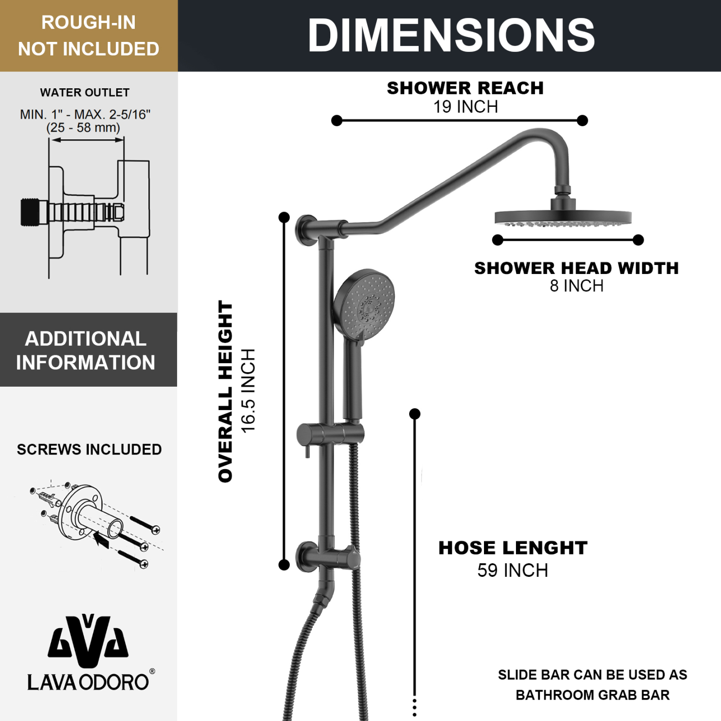 16.5-inch 5-Function Retrofit Shower System with Rain Showerhead, Matte Black, SF101-BN, Lava Odoro