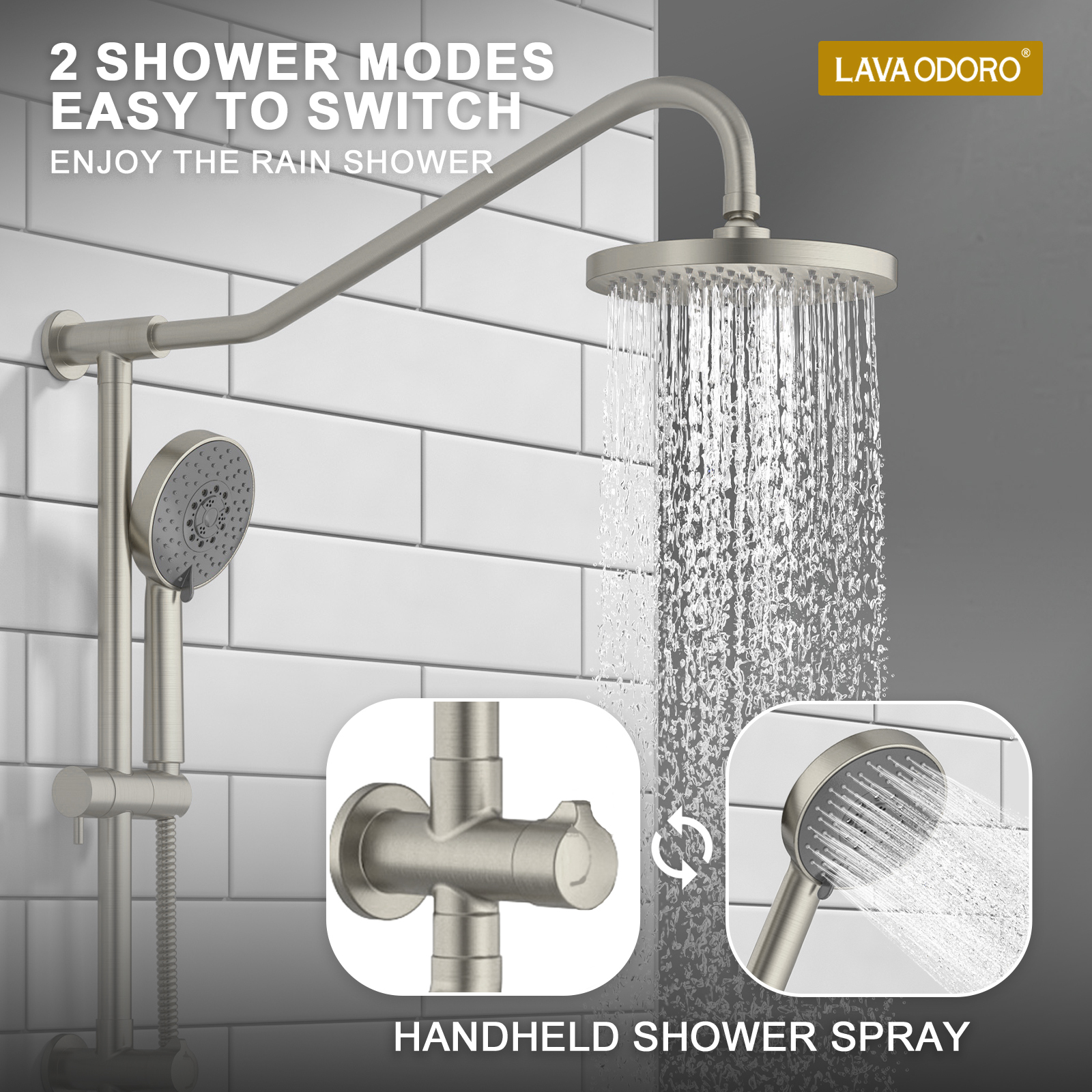 16.5-inch 5-Function Retrofit Shower System with Rain Showerhead, Brushed Nickel, SF101-BN, Lava Odoro