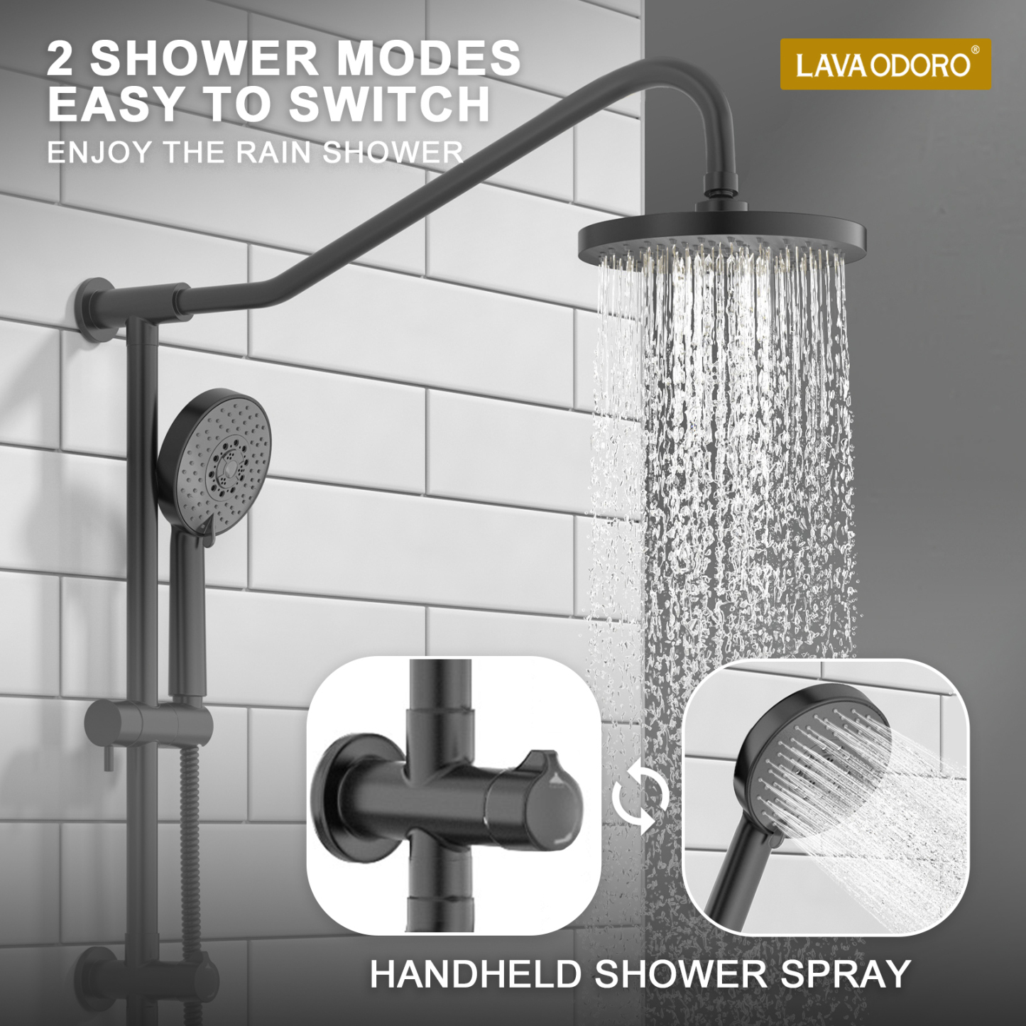 16.5-inch 5-Function Retrofit Shower System with Rain Showerhead, Matte Black, SF101-BN, Lava Odoro