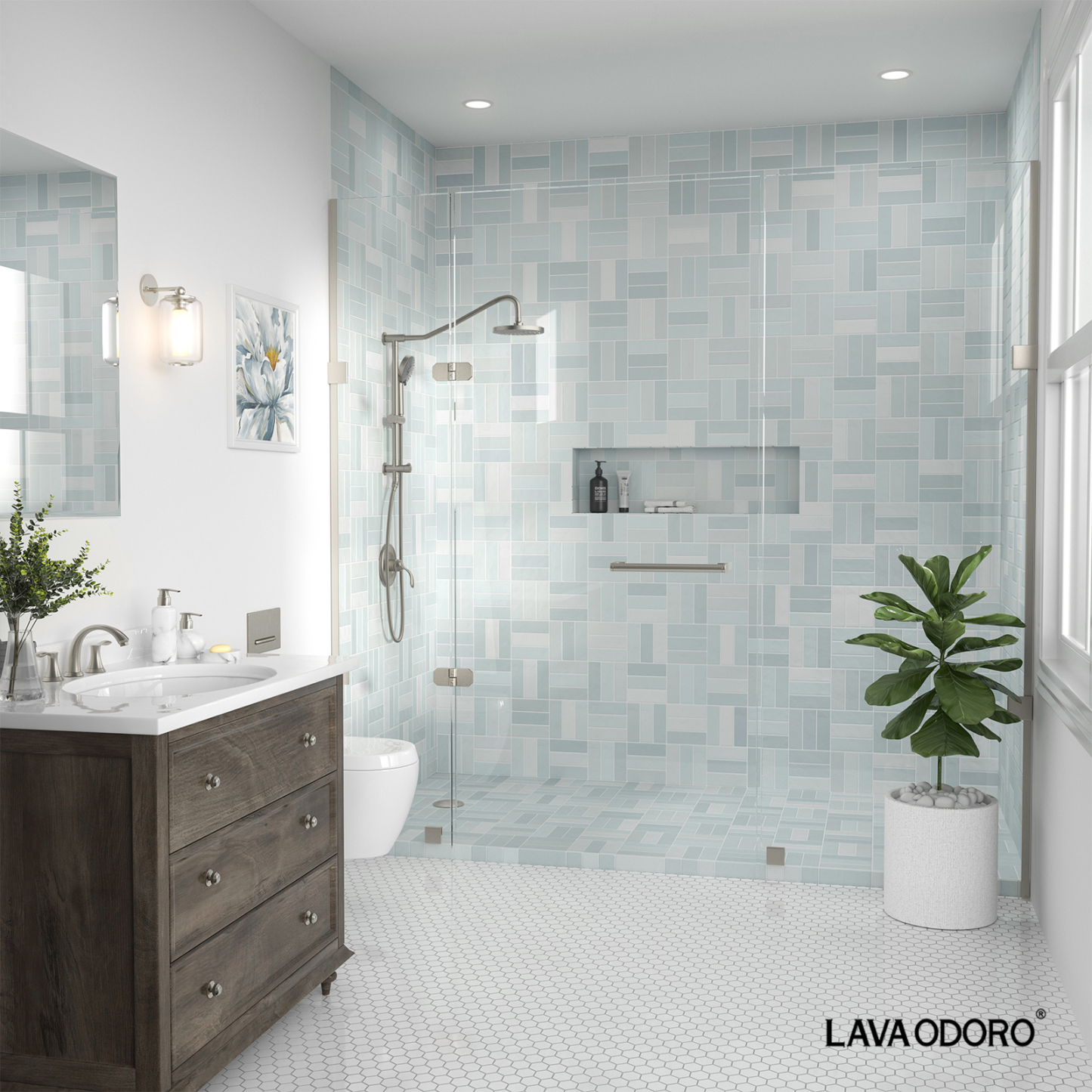 16.5-inch 5-Function Retrofit Shower System with Rain Showerhead, Brushed Nickel, SF101-BN, Lava Odoro