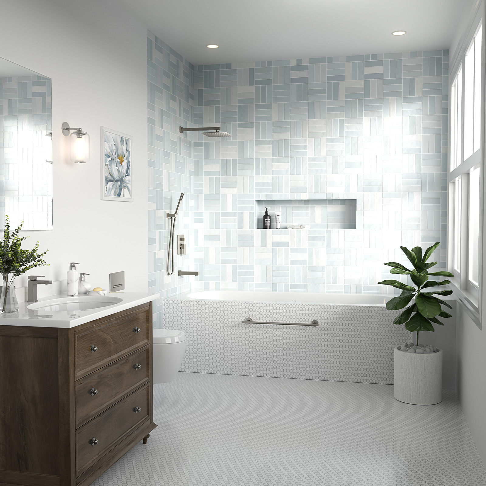3-Setting Square Rainfall Shower System Including Rain Shower Head Handheld Spray and Tub Spout, Shower Valve Trim Kit, Brushed Nickel, SF103-SG-T, Lava Odoro