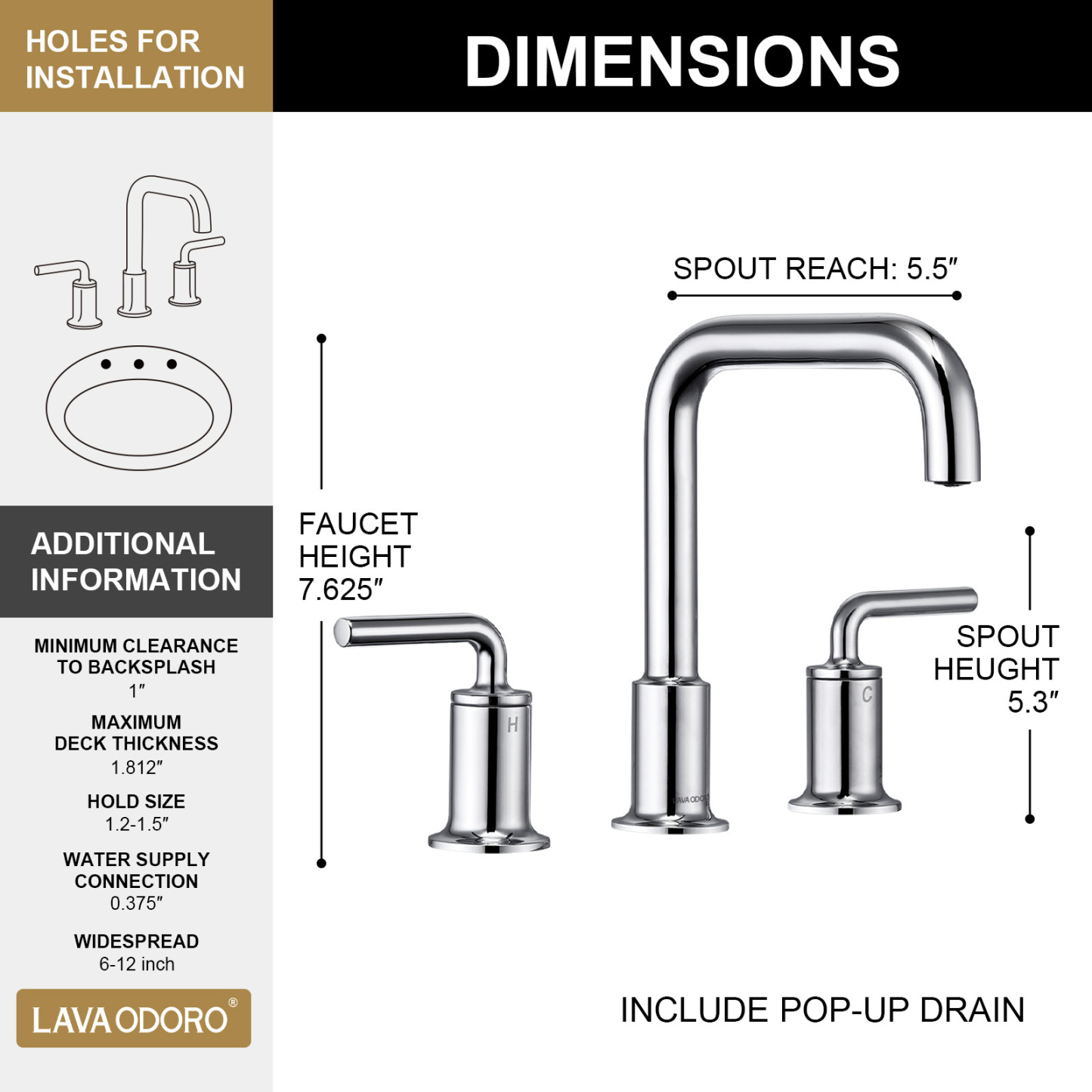 3 Hole Bathroom Faucet with Drain Assembly, Chrome, BF503, Lava Odoro