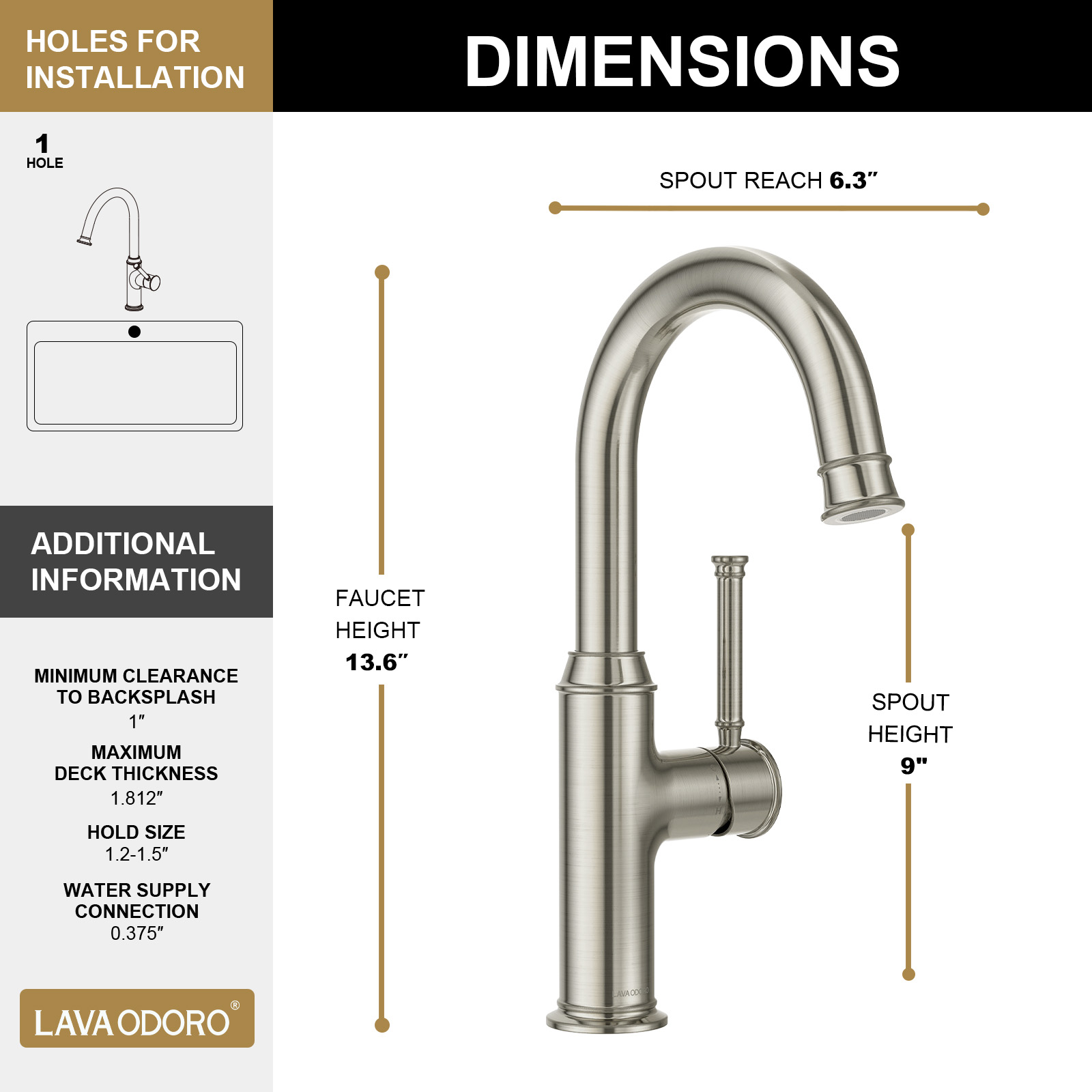 Kitchen Bar Faucet, Brushed Nickel, KBF201, Lava Odoro