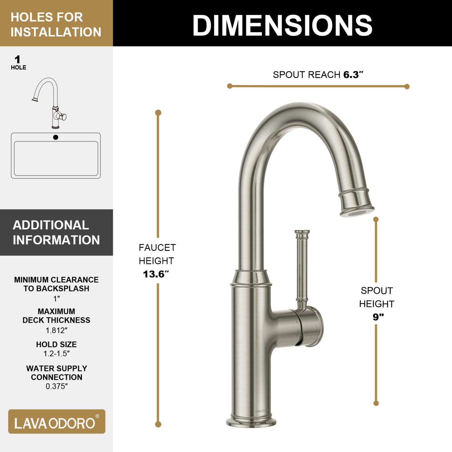 Kitchen Bar Faucet, Brushed Nickel, KBF201, Lava Odoro