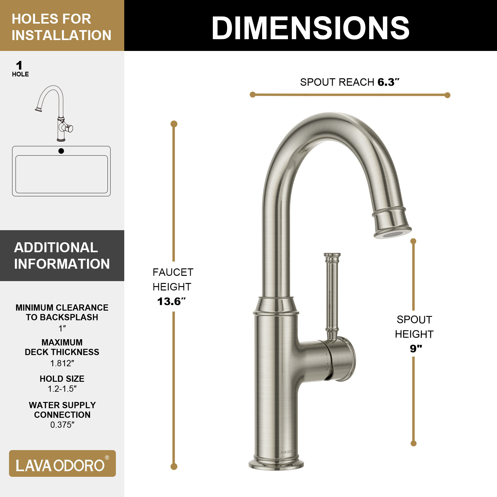 Kitchen Bar Faucet, Brushed Nickel, KBF201, Lava Odoro