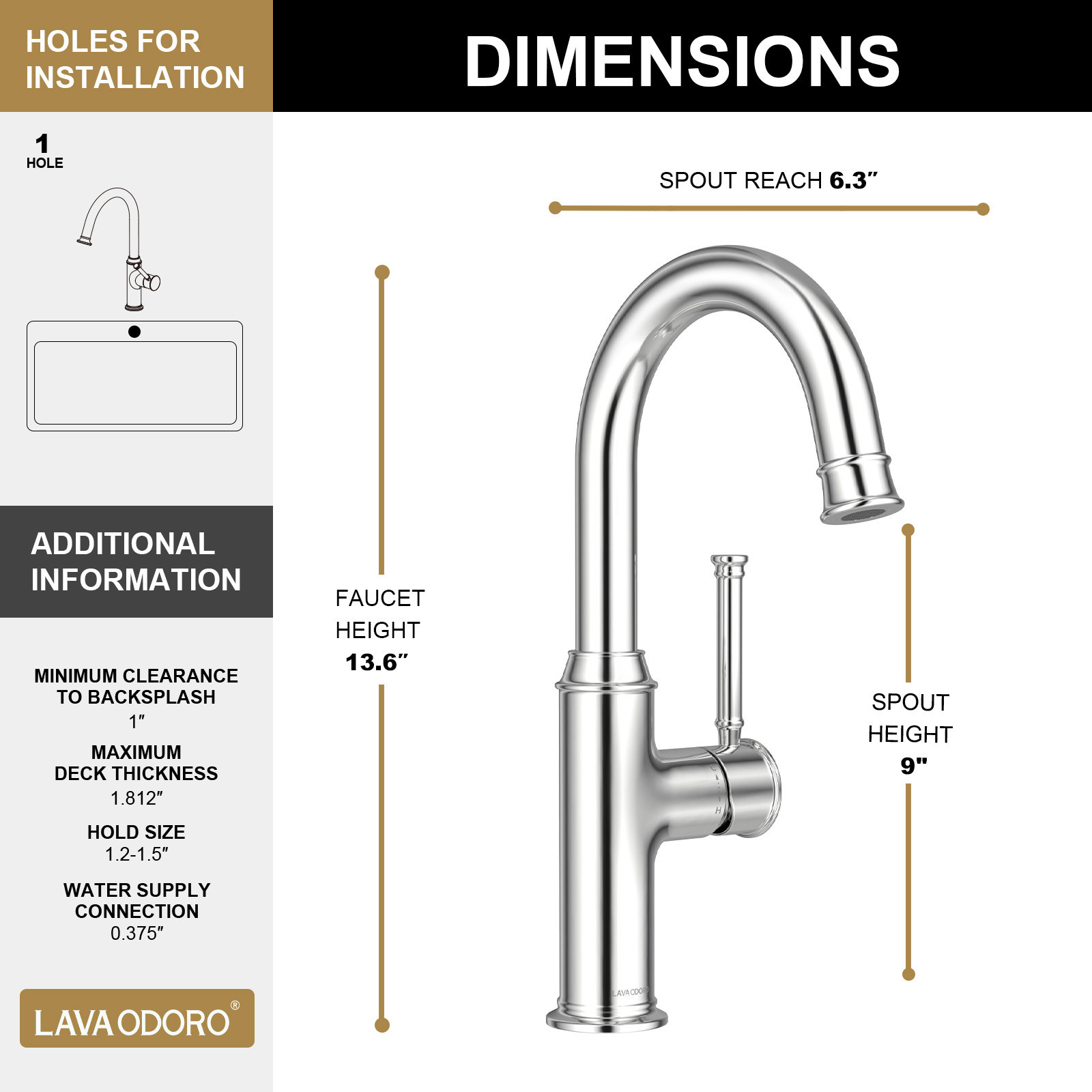 Kitchen Bar Faucet, Chrome, KBF201, Lava Odoro