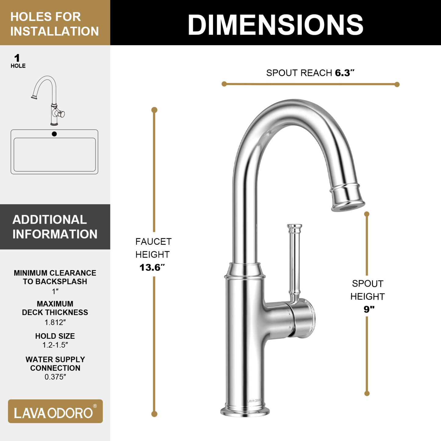 Kitchen Bar Faucet, Chrome, KBF201, Lava Odoro