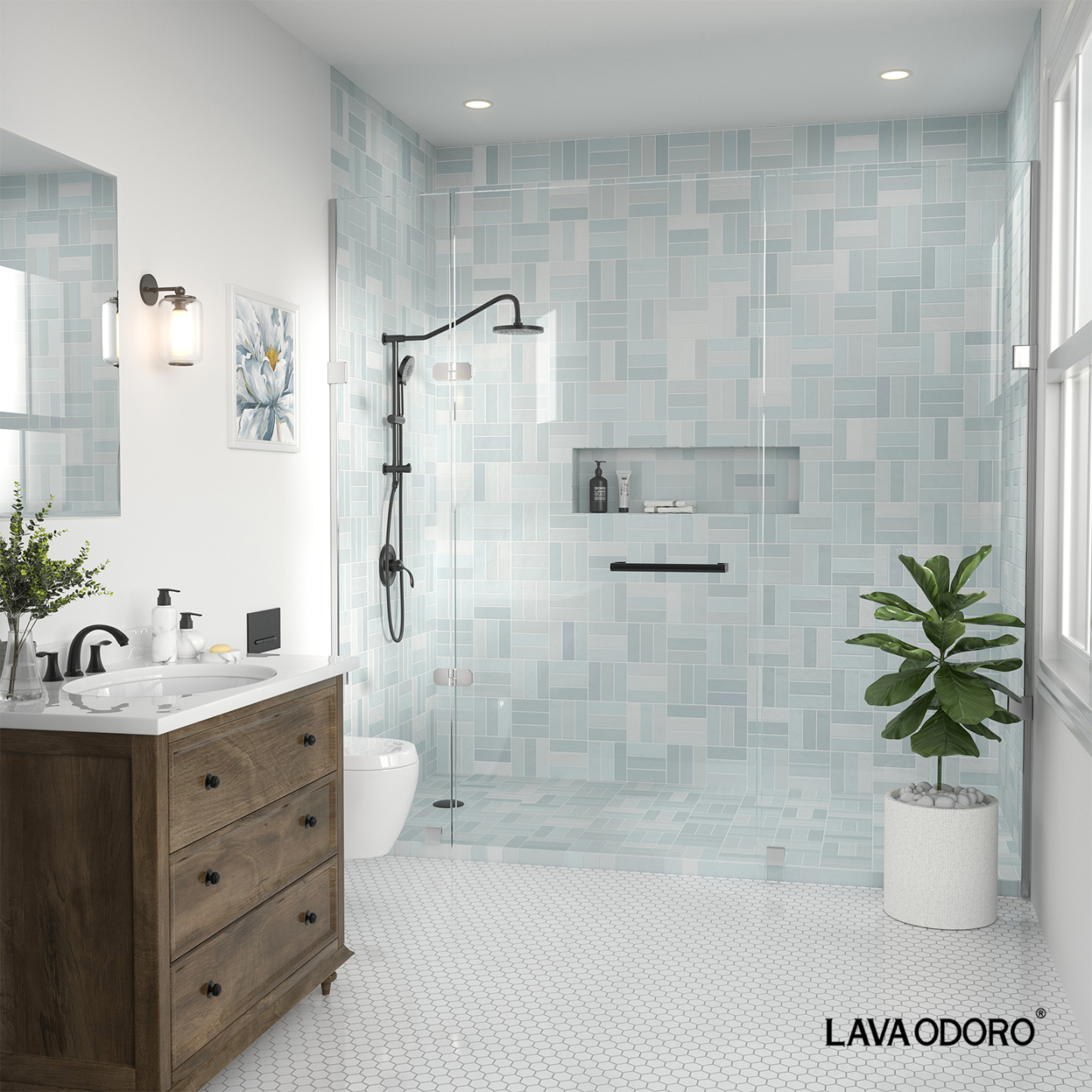 16.5-inch 5-Function Retrofit Shower System with Rain Showerhead, Matte Black, SF101-BN, Lava Odoro