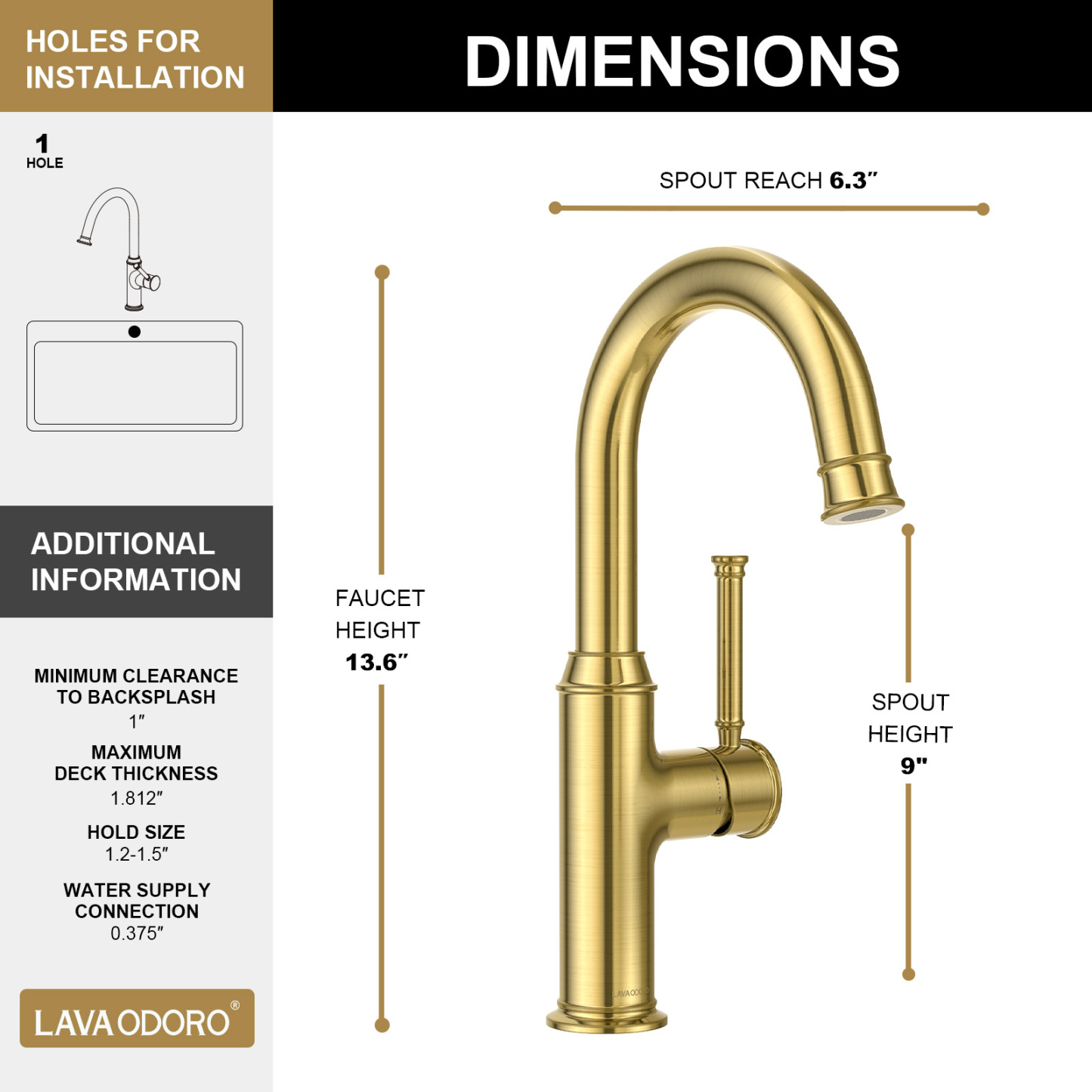 Kitchen Bar Faucet, Brushed Gold, KBF201, Lava Odoro