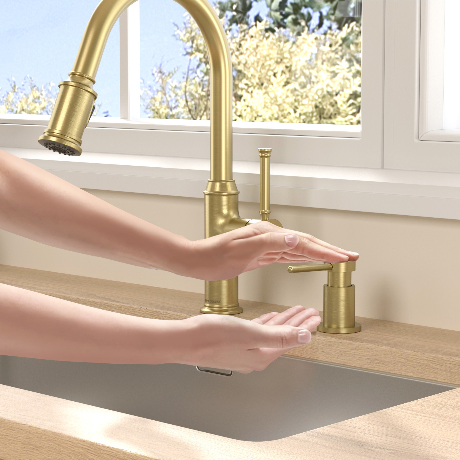 Kitchen Faucet with Soap Dispenser, Brushed Gold, Lava Odoro