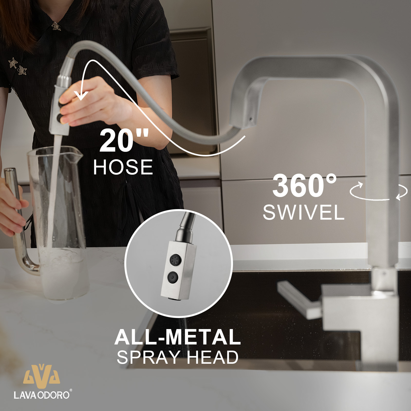 Magnetic Pull Down Kitchen Faucet, KF182 - LAVA ODORO