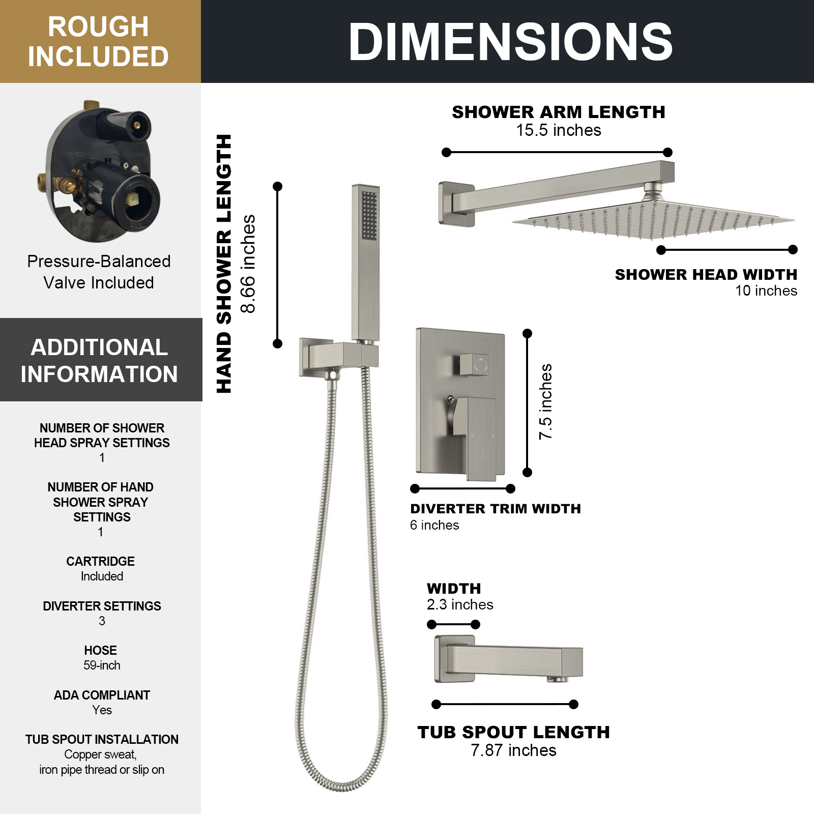 3-Setting Square Rainfall Shower System Including Rain Shower Head Handheld Spray and Tub Spout, Shower Valve Trim Kit, Brushed Nickel, SF103-SG-T, Lava Odoro