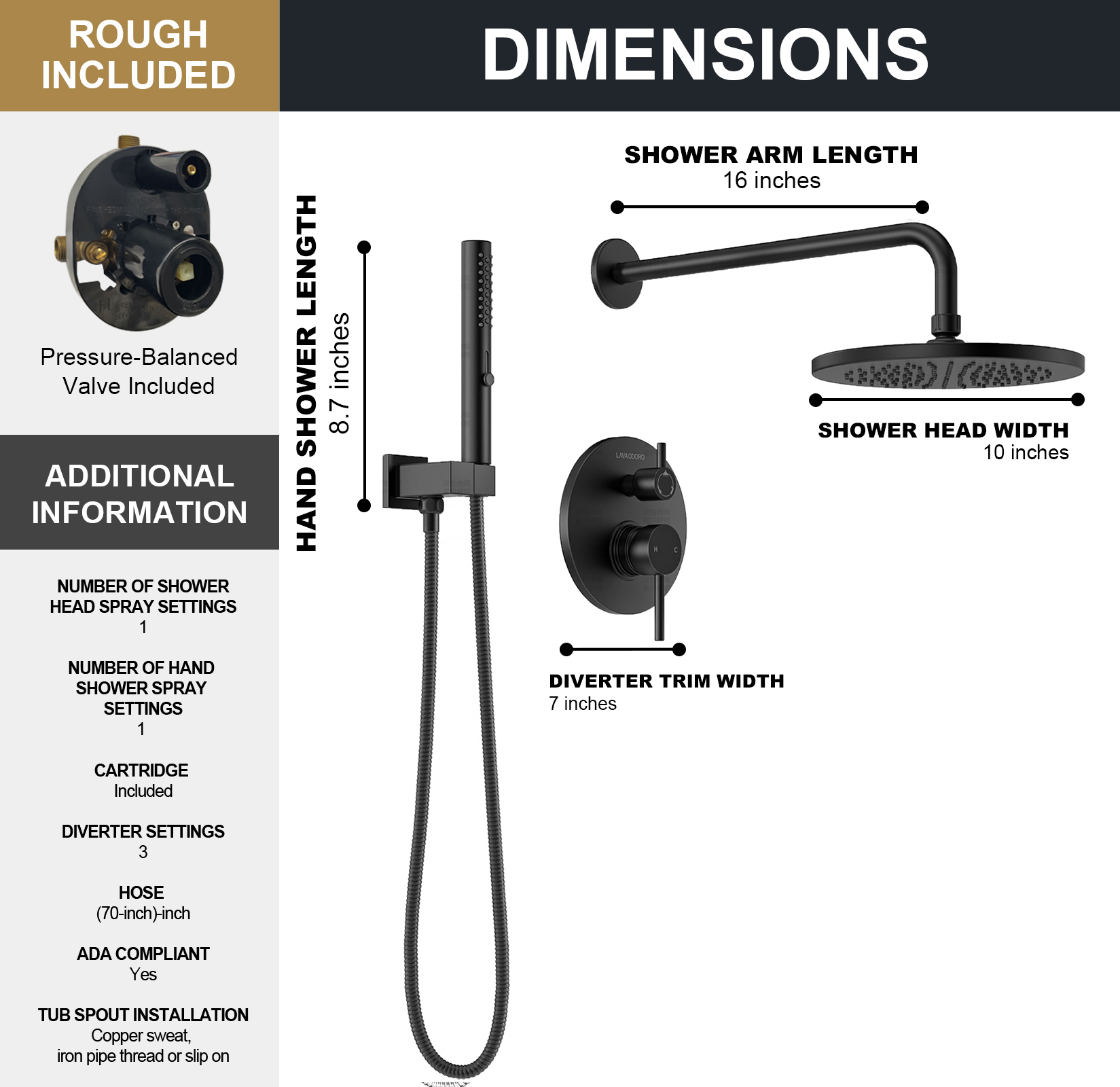 Modern 3-Setting Round Rain Shower Faucet Set, SF104-MB