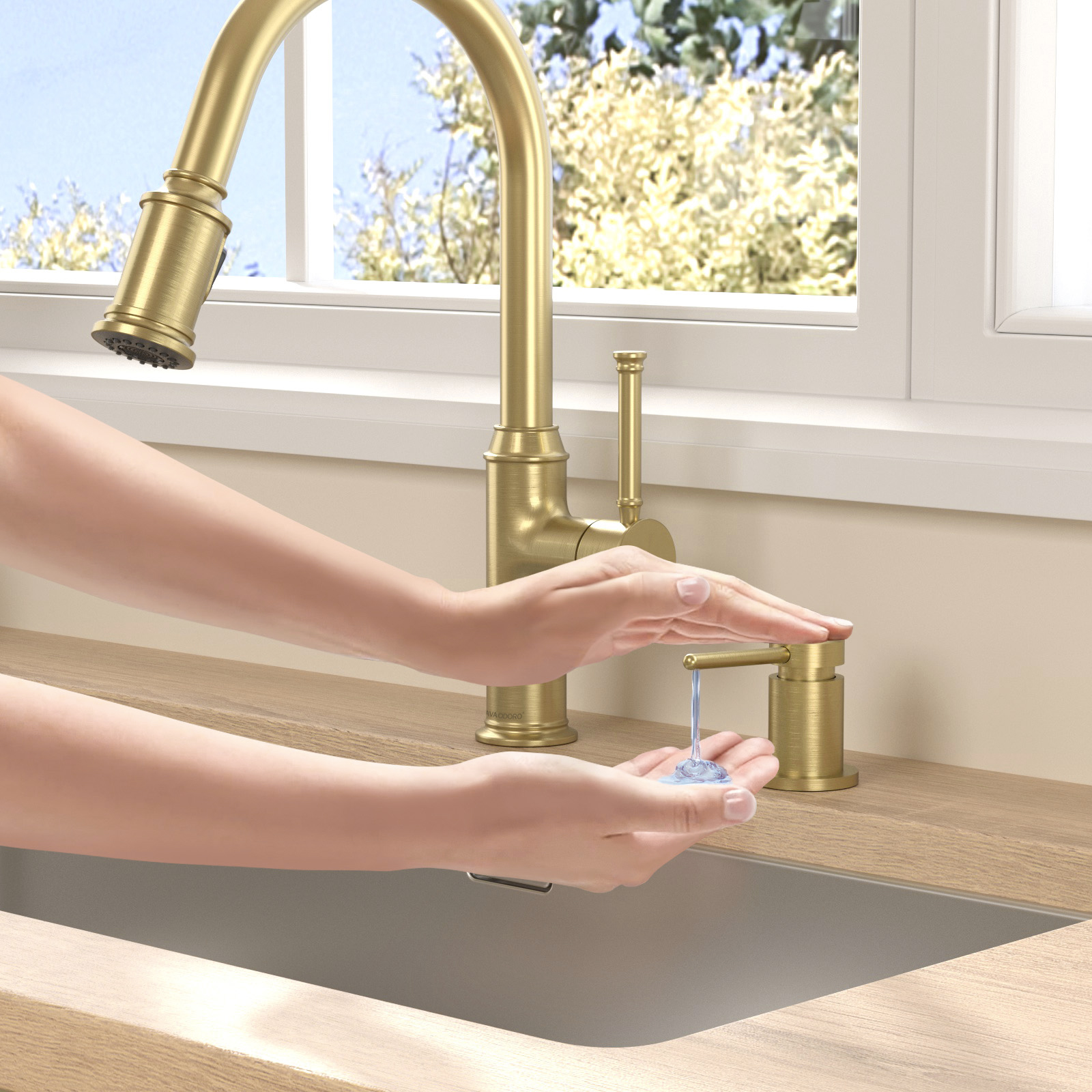 Kitchen Faucet with Soap Dispenser, Brushed Gold, Lava Odoro