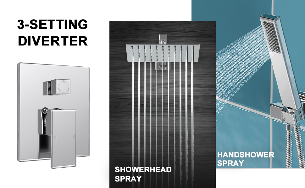 3-Setting Square Rainfall Shower System Including Rain Shower Head Handheld Spray and Tub Spout, Shower Valve Trim Kit, Chrome, SF103-C-T, Lava Odoro