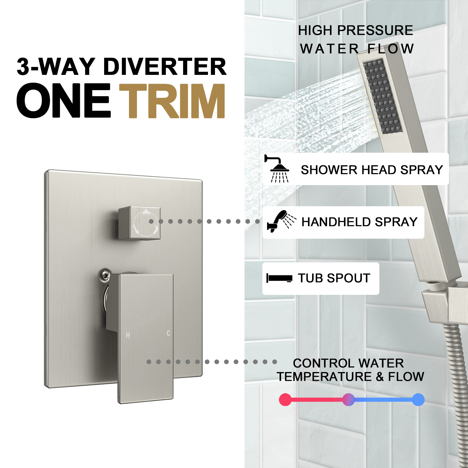 3-Setting Square Rainfall Shower System Including Rain Shower Head Handheld Spray and Tub Spout, Shower Valve Trim Kit, Brushed Nickel, SF103-SG-T, Lava Odoro