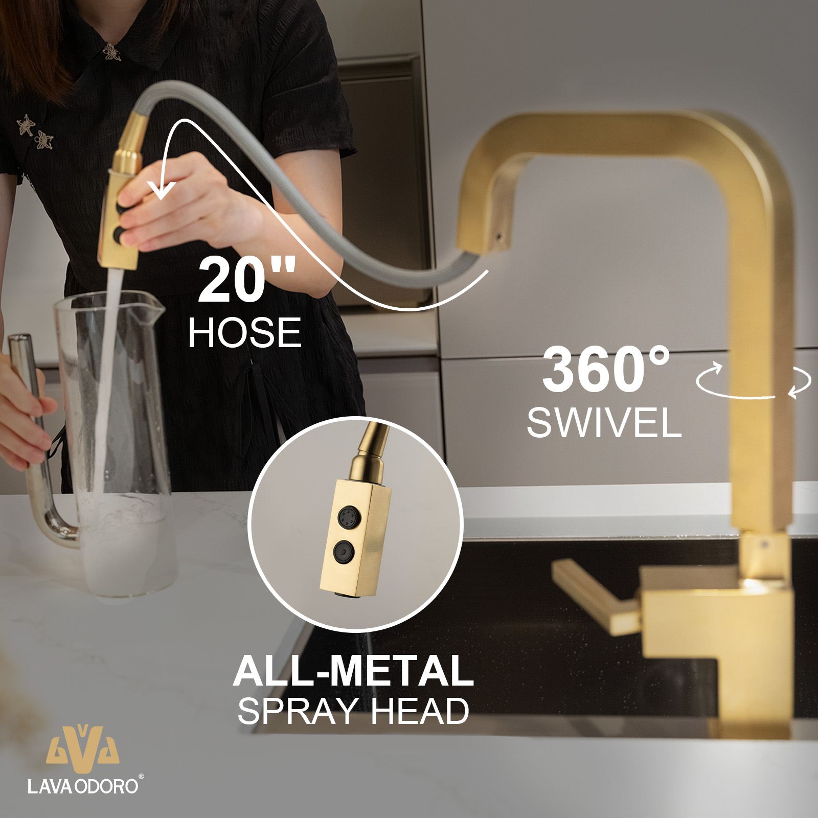 Magnetic Pull Down Kitchen Faucet, KF182 - LAVA ODORO