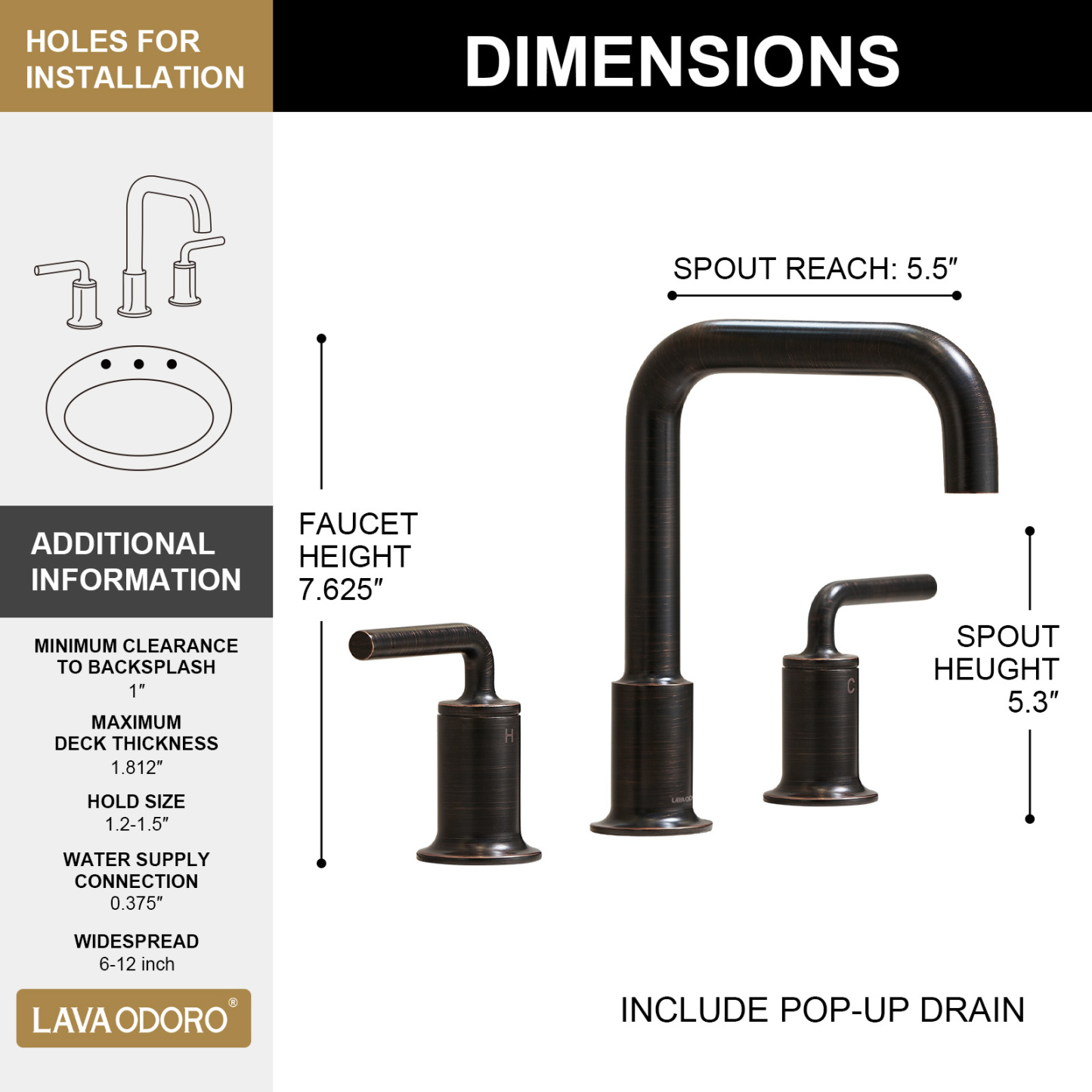 3 Hole Bathroom Faucet with Drain Assembly, Oil Rubbed Bronze, BF503, Lava Odoro