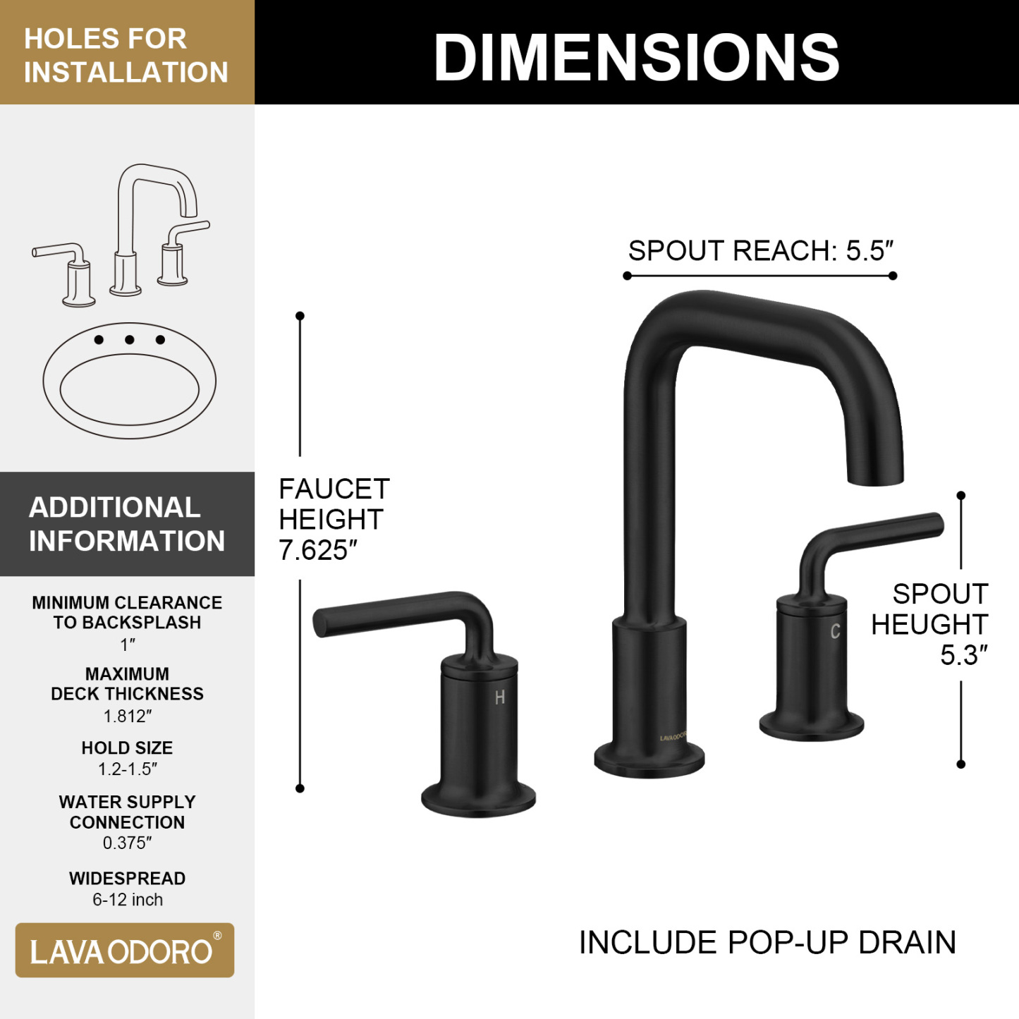 3 Hole Bathroom Faucet with Drain Assembly, Matte Black, BF503, Lava Odoro