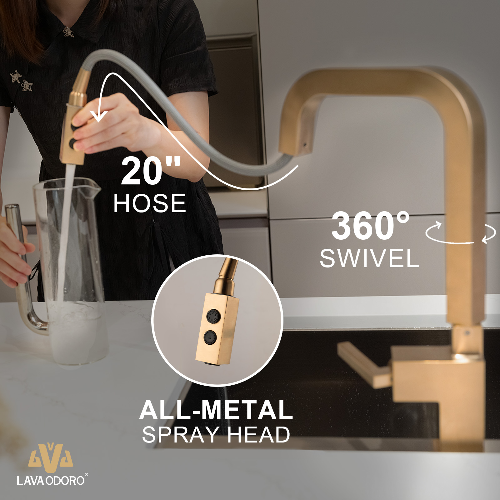 Magnetic Pull Down Kitchen Faucet, KF182 - LAVA ODORO