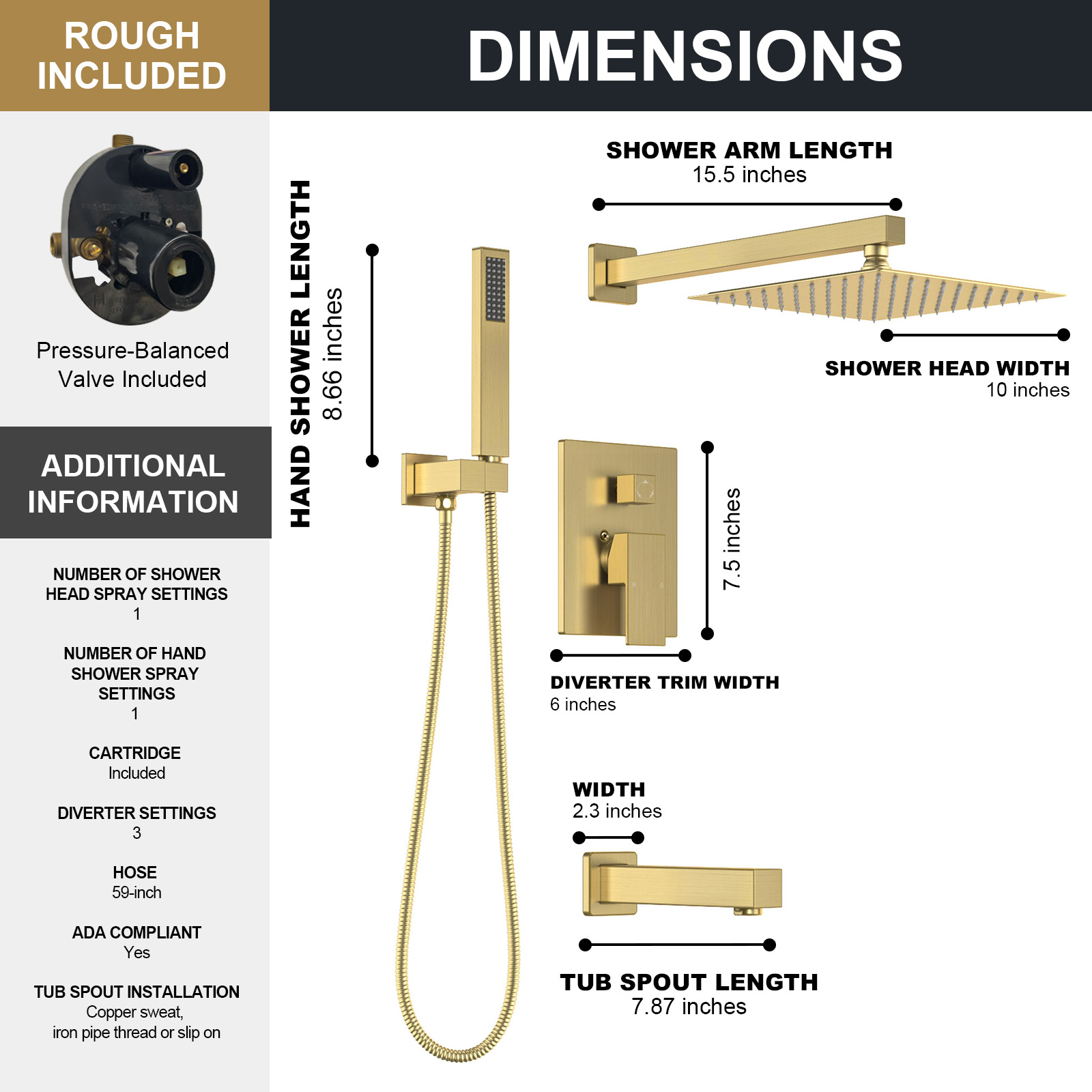 3-Setting Square Rainfall Shower System Including Rain Shower Head Handheld Spray and Tub Spout, Shower Valve Trim Kit, Brushed Gold, SF103-MB-T, Lava Odoro