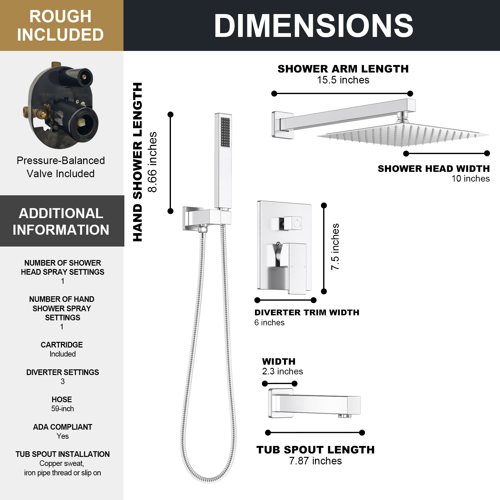 3-Setting Square Rainfall Shower System Including Rain Shower Head Handheld Spray and Tub Spout, Shower Valve Trim Kit, Chrome, SF103-C-T, Lava Odoro