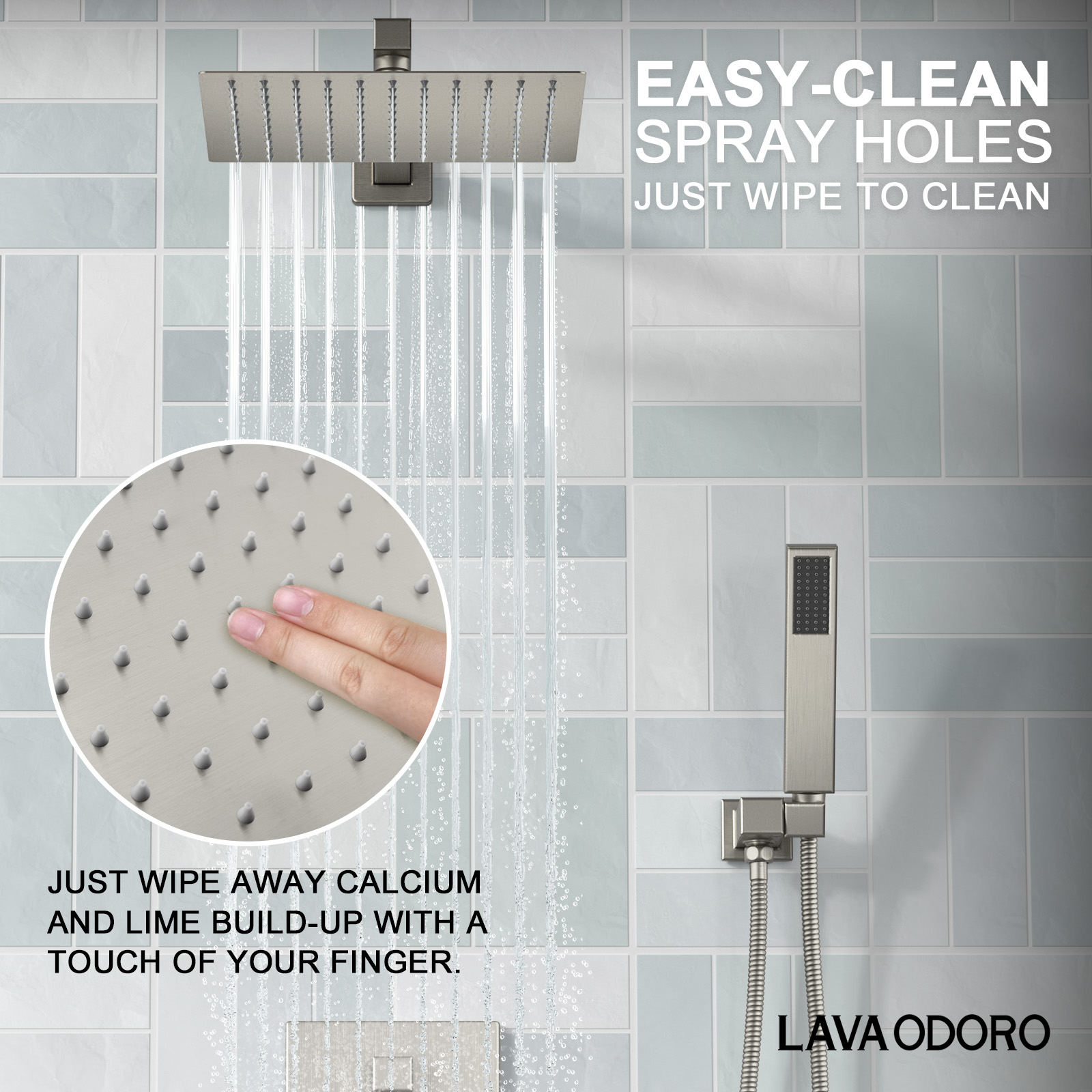 3-Setting Square Rainfall Shower System Including Rain Shower Head Handheld Spray and Tub Spout, Shower Valve Trim Kit, Brushed Nickel, SF103-SG-T, Lava Odoro