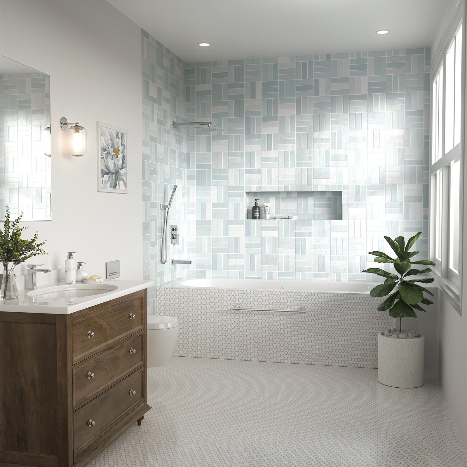 3-Setting Square Rainfall Shower System Including Rain Shower Head Handheld Spray and Tub Spout, Shower Valve Trim Kit, Chrome, SF103-C-T, Lava Odoro