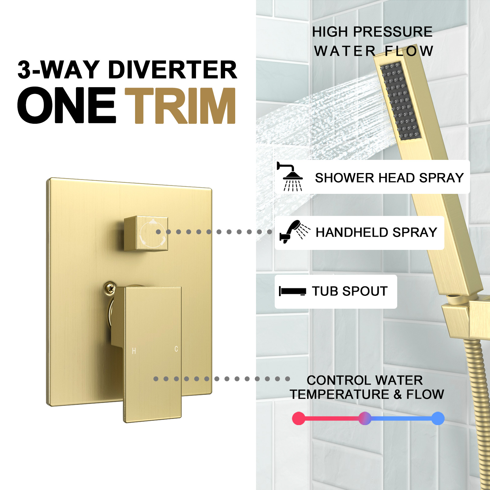 3-Setting Square Rainfall Shower System Including Rain Shower Head Handheld Spray and Tub Spout, Shower Valve Trim Kit, Brushed Gold, SF103-MB-T, Lava Odoro