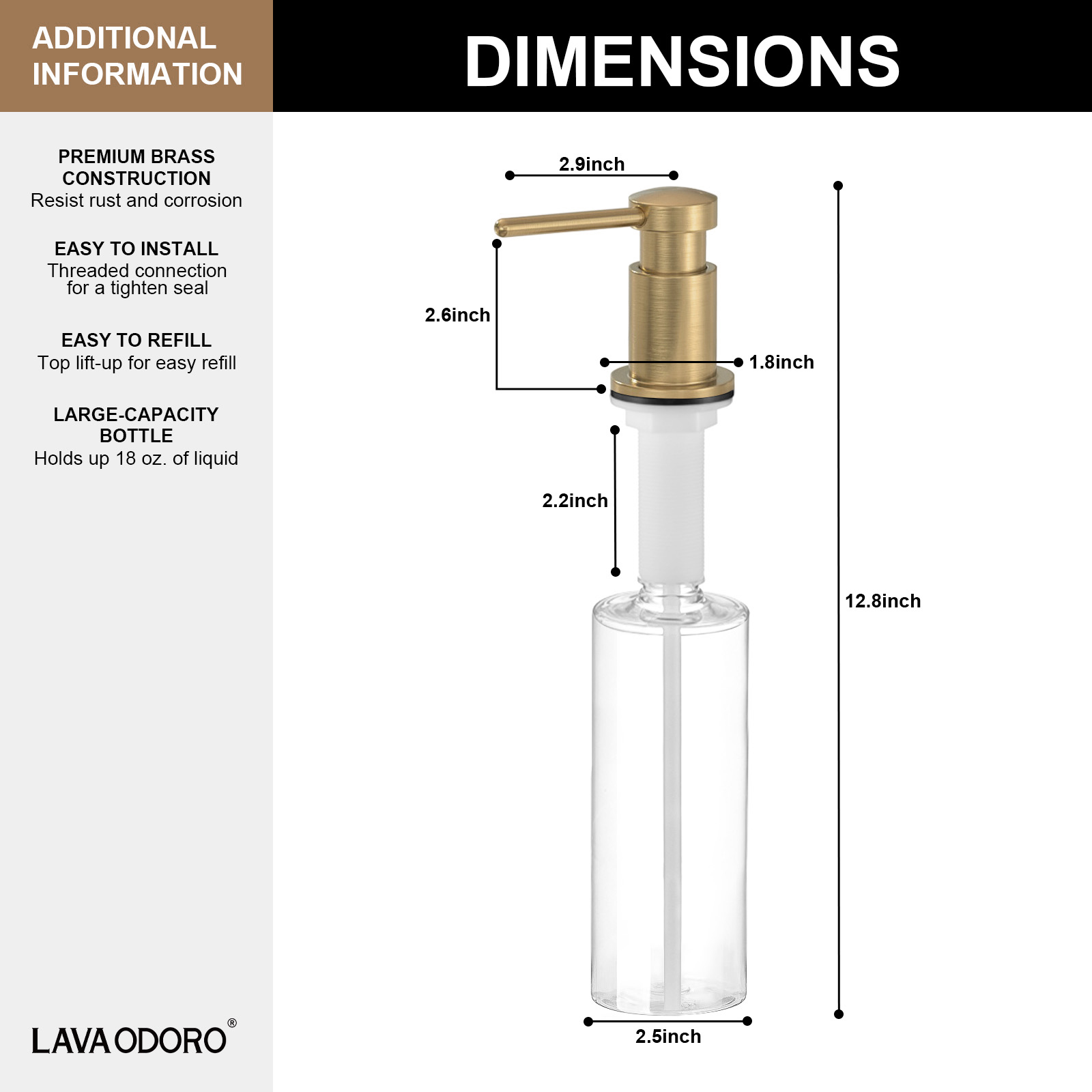 Champagne Gold Soap Dispenser for Kitchen Sink, Modern Dispenser with 18 Oz Refillable Bottle, Kitchen Soap Dispenser Spot-Free-Lava Odoro